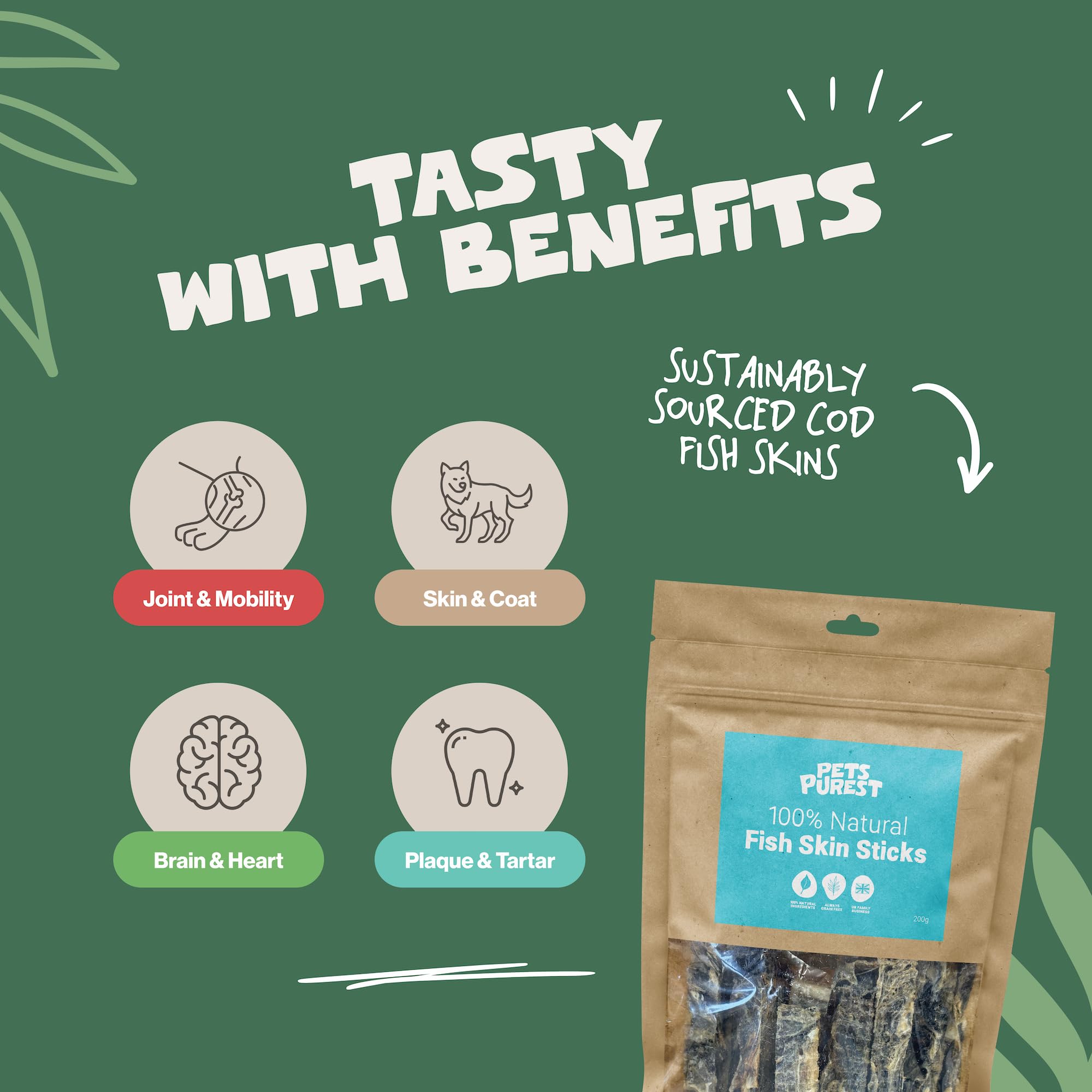 **Pets Purest Air-Dried Fish Skin Dog Treats - Natural Chews for Teeth, Joints, Skin & Coat Health - 100% Single-Ingredient Dog Snacks (200g) - Perfect for Training, Rewards & Dental Care**