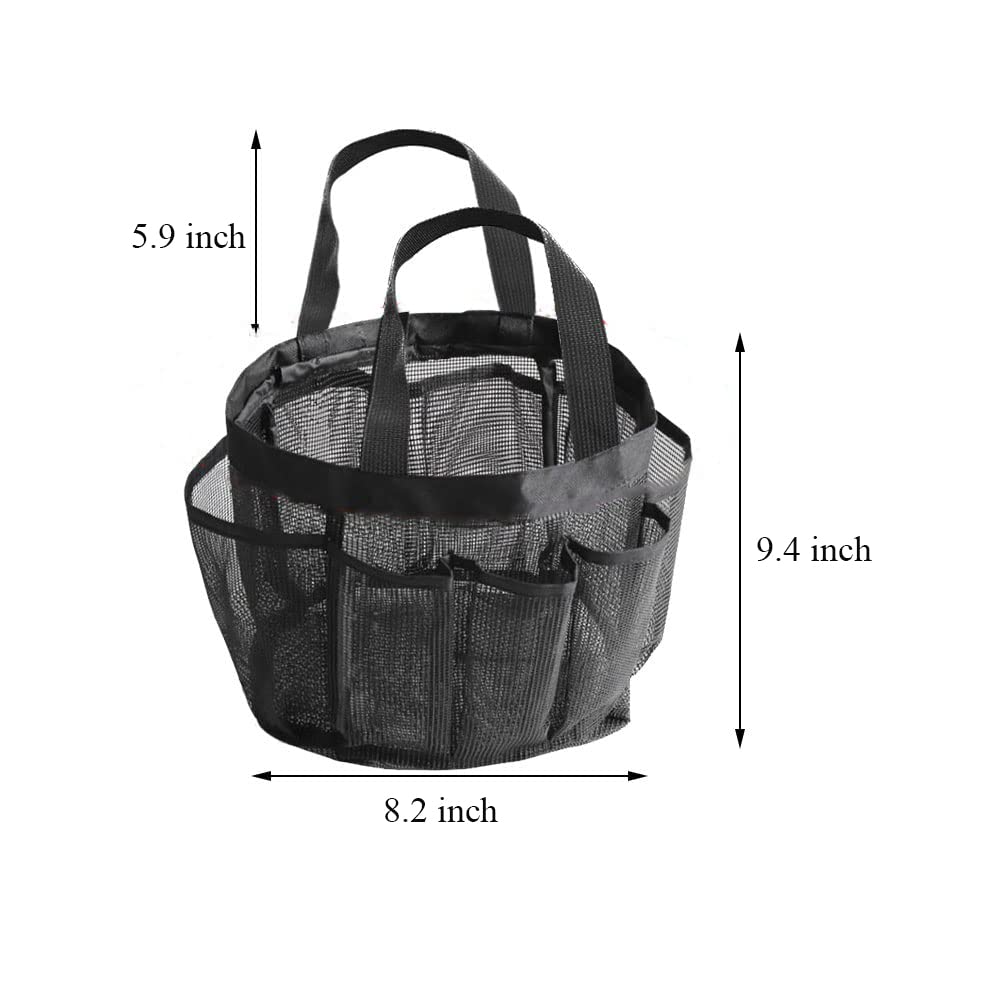 KAIAIWLUO Mesh Shower Caddy Organizer - Portable Quick-Dry Shower Tote Bag with 8 Pockets & Carry Handle for Gym, Travel, Swimming, Camping - Perfect for Bathroom Storage & Toiletries Organization (Black)
