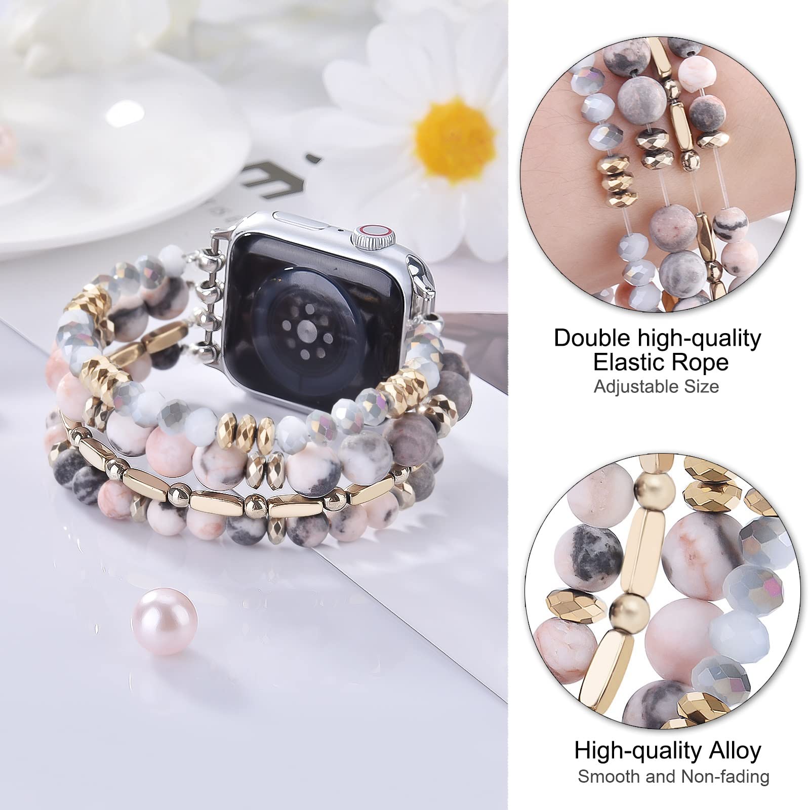 Boho Beaded Stretchy Apple Watch Band 42mm 44mm 45mm 46mm Compatible with Series 10/9/8/7/6/5/4/SE/3/2/1 - Handmade Crystal Beads Fashion Bracelet for Women | Perfect for Yoga, Workouts & Boho Style Outfits