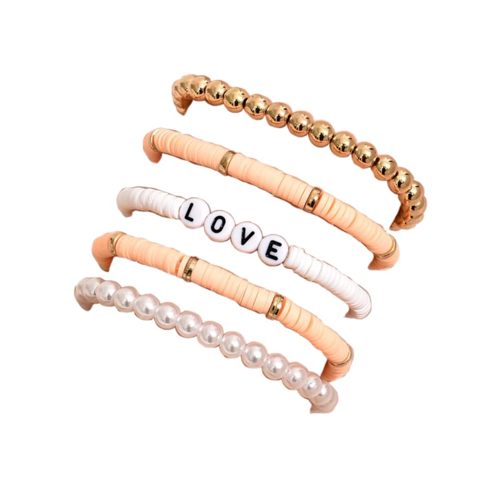 5 Pcs Bohemian Colorful Clay Beaded Stackable Bracelets Set - Handmade Polymer Clay & Faux Pearl Beads Love Bracelets for Women & Girls - Perfect for Festival, Boho Chic Outfits & Everyday Jewelry