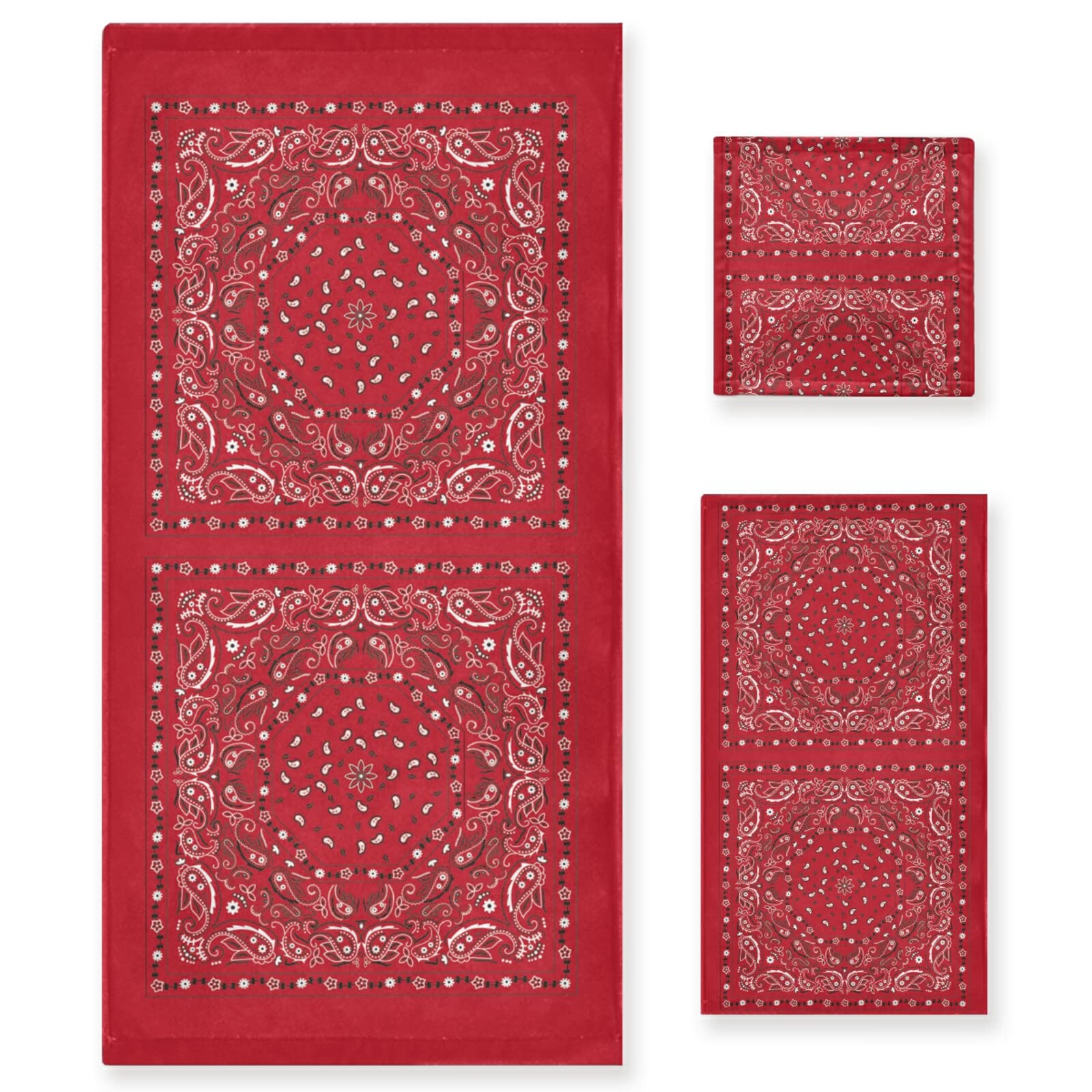 Premium 3-Piece Cotton Towel Set with Red Bandana Paisley Floral Print - 1 Bath Towel, 1 Hand Towel & 1 Washcloth | Ultra Soft & Absorbent for Spa, Bathroom, Hotel, Kitchen & Gym Use