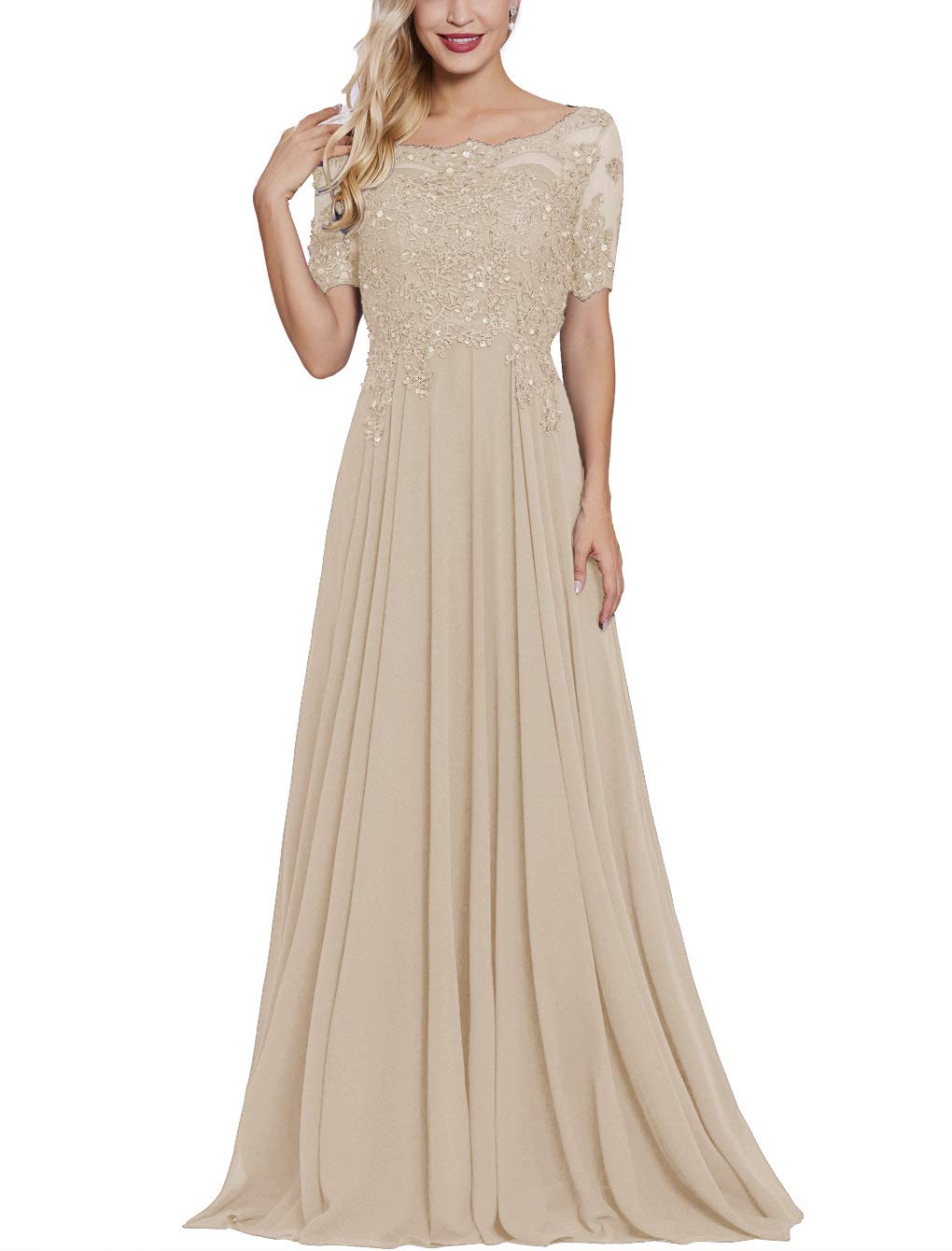 Elegant Beaded Chiffon Long Sleeve Mother of The Bride Dress with Bateau Neck - Lace Formal Evening Gown for Weddings, Galas & Special Occasions