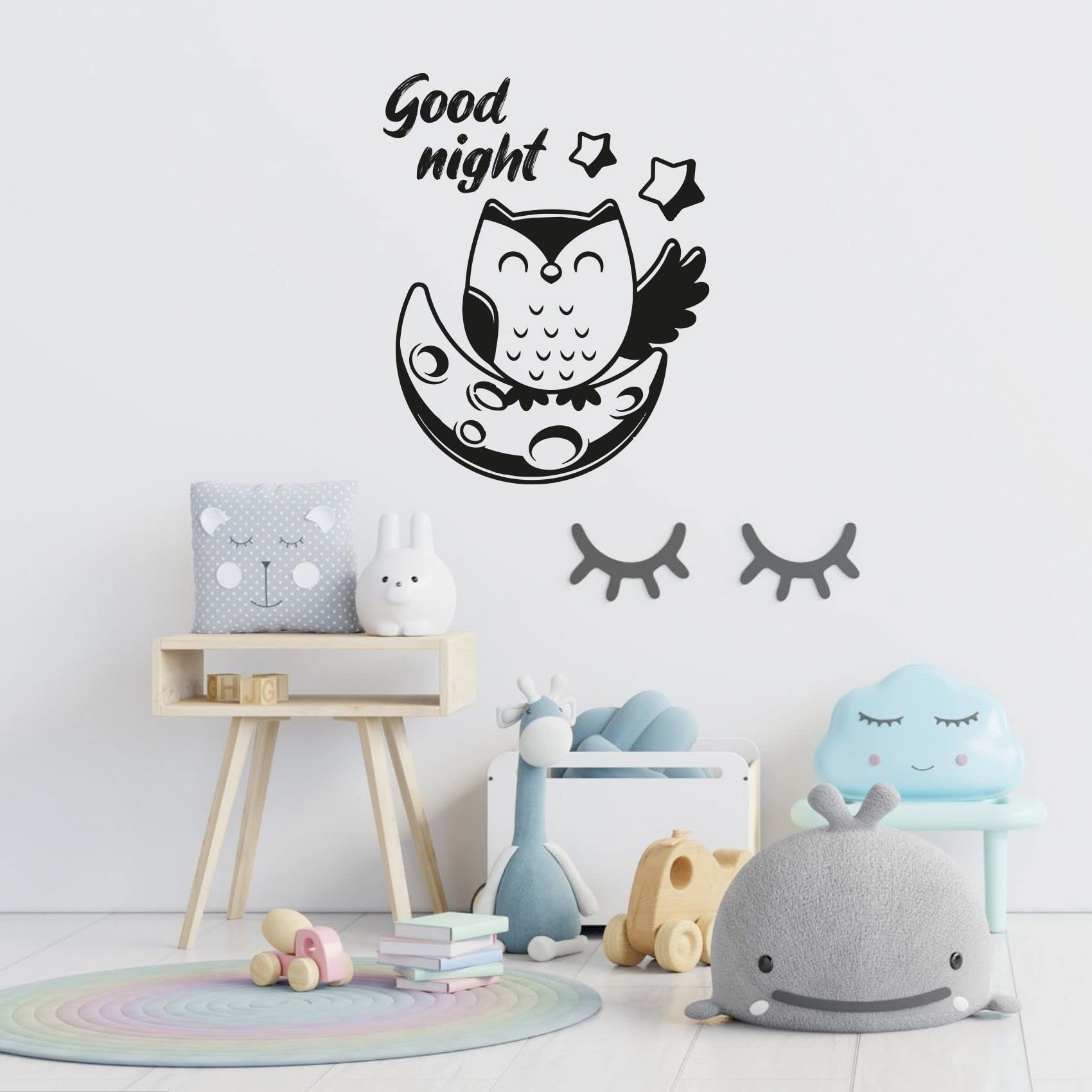 Good Night Baby Owl Wall Sticker - Cute Smiling Moon & Stars Vinyl Decal for Nursery, Kids Room Decor (40x24 inch) - Perfect for Bedroom, Kindergarten & Children's Bedtime Themed Spaces