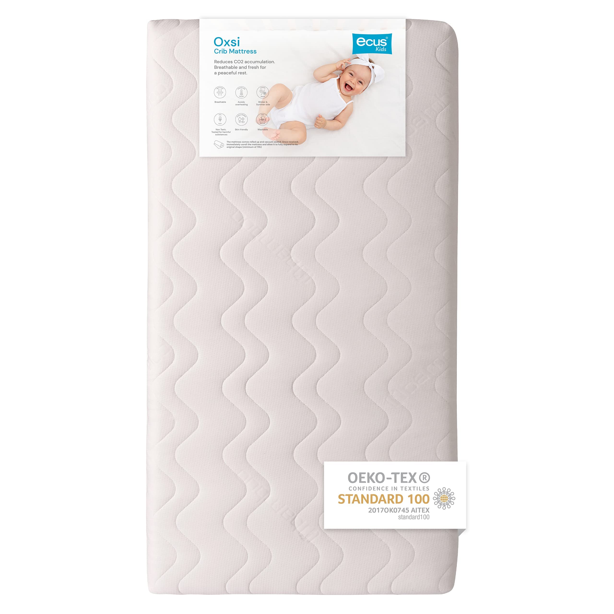 Oxsi - Breathable Crib Mattress with Winter & Summer Sides | Non-Toxic, Washable, Double-Sided Baby Mattress | US Standard Size | Reduces CO2 Accumulation for Better Sleep | Ideal for Nursery, Daycare & Travel