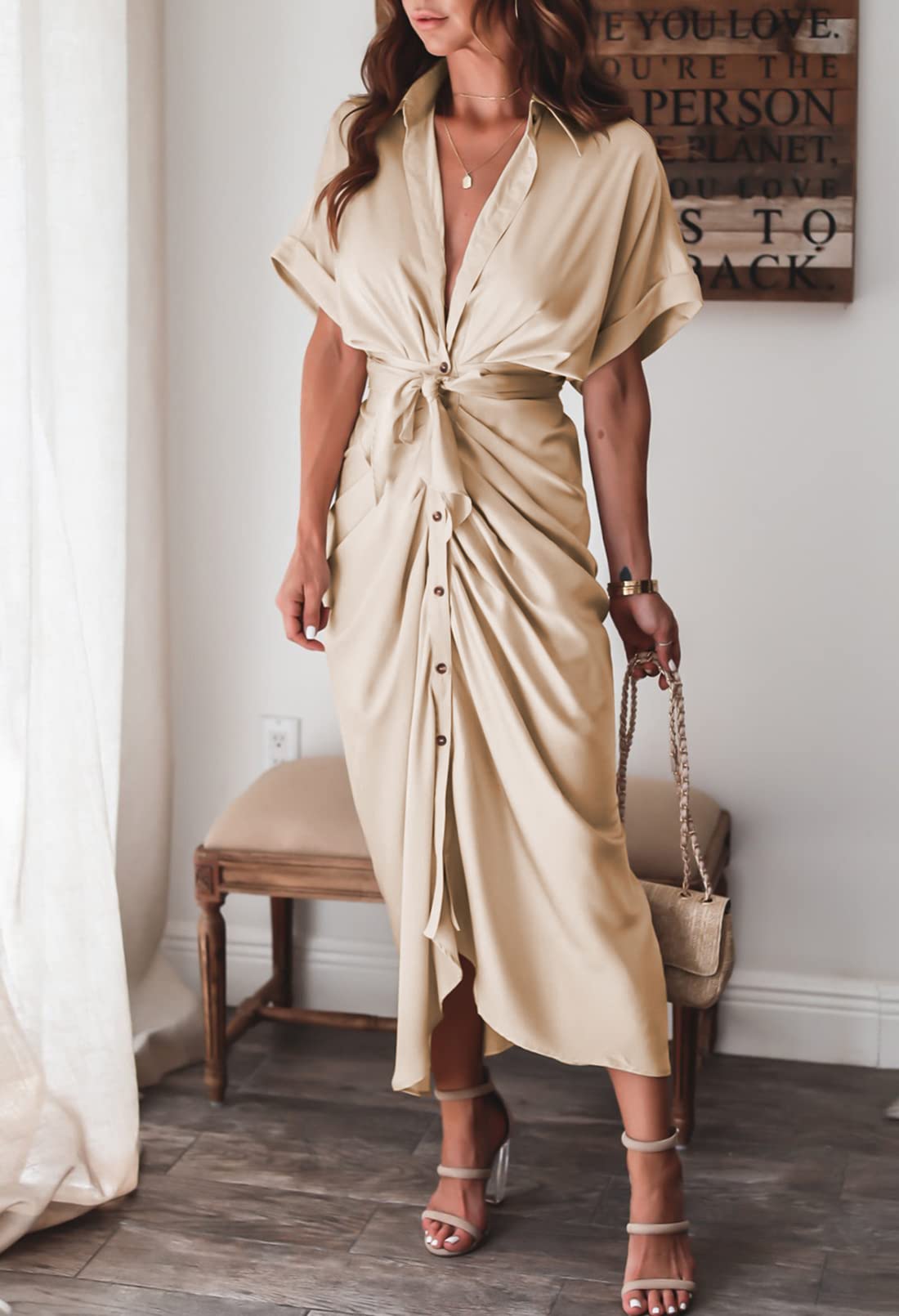 Linsery Women's Elegant Wrap Maxi Dress with Belt - Button Down Ruched Shirt Dress for Casual & Formal Occasions | Perfect for Office, Party & Wedding Events