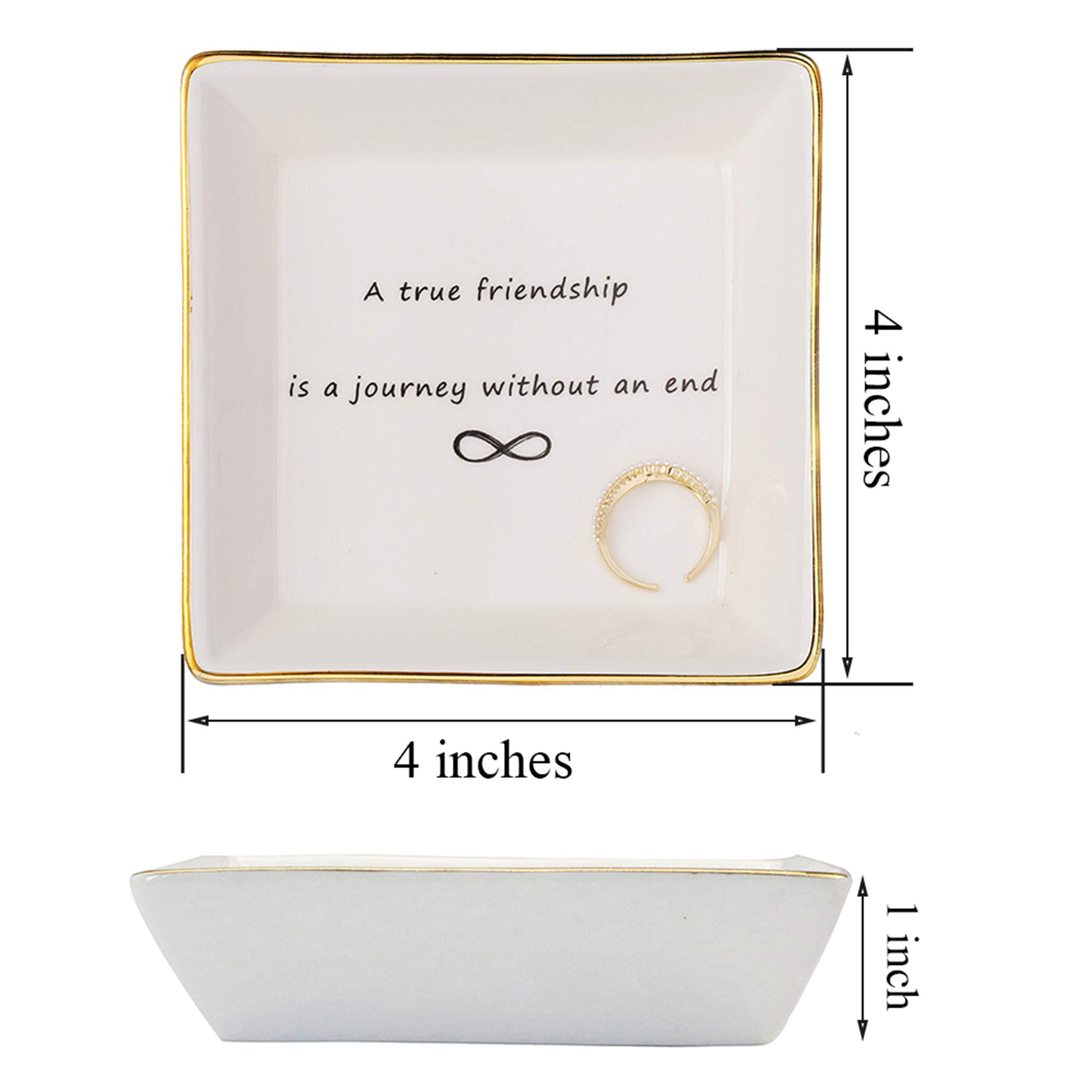 Ceramic Trinket Tray for Women - Friendship Gift Jewelry Dish with 'A True Friendship is A Journey Without End' Quote - Perfect for Birthday, Christmas, Home Decor & Encouragement Gifts | Jewelry Organizer, Ring Holder, Vanity Tray for Bedroom & Bathroom