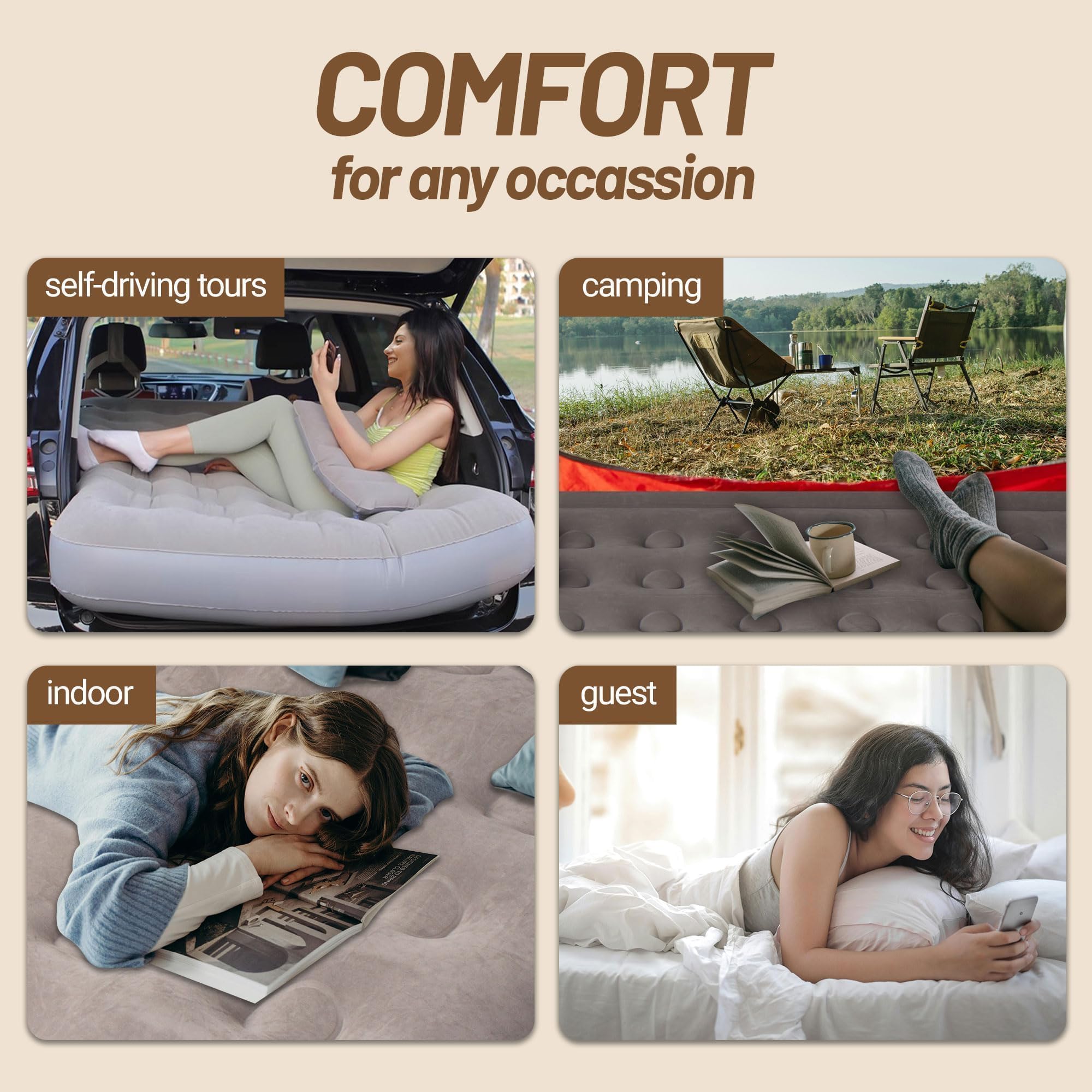 Premium Full Size Camping Air Mattress with Pillow - Inflatable, Leak-Proof & Velvet Cover - Supports 440 lbs - Lightweight & Portable for Outdoor Adventures, Travel & Home Use - Ideal for Camping Trips, Guest Beds & Emergency Sleepovers
