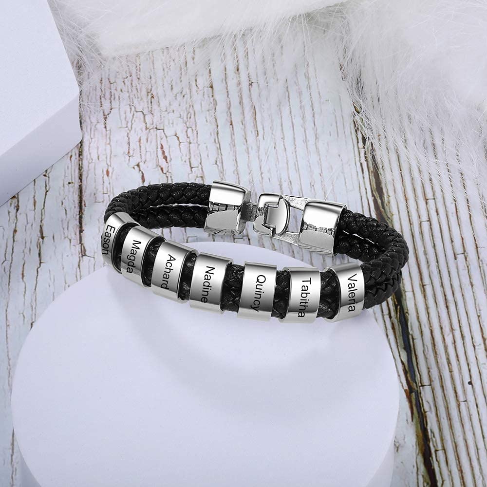 Custom Personalized Men's Leather Bracelet - Black Braided Name ID Bracelet with 1-8 Engraved Beads | Stylish Gift for Boyfriend, Husband, Father | Perfect for Weddings, Anniversaries & Everyday Wear