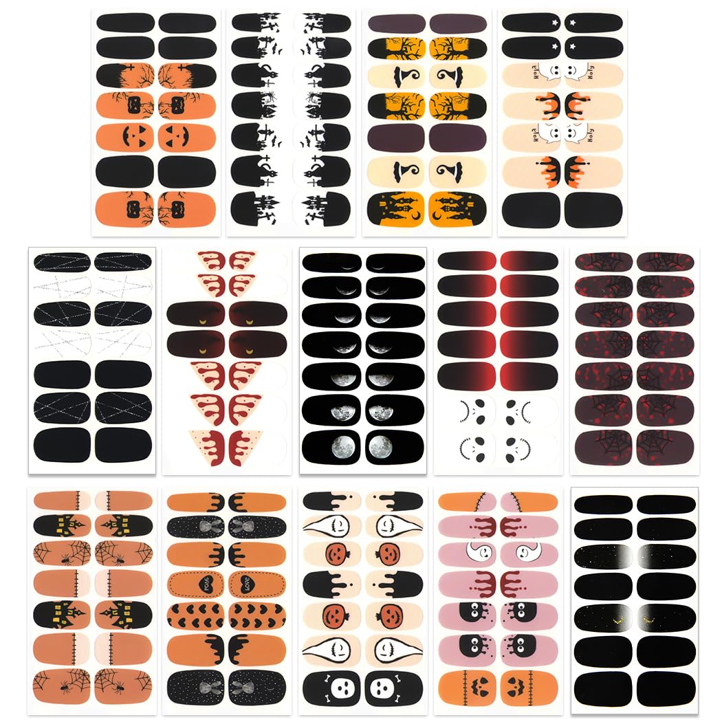 WOKOTO Halloween Nail Stickers - 14 Sheets Full Nail Wraps with Pumpkin, Bat, Ghost, Witch & Spider Designs | Waterproof Nail Polish Stickers for Acrylic Nails | Includes Nail File | Perfect for Halloween Parties, Costume Events & Spooky Nail Art
