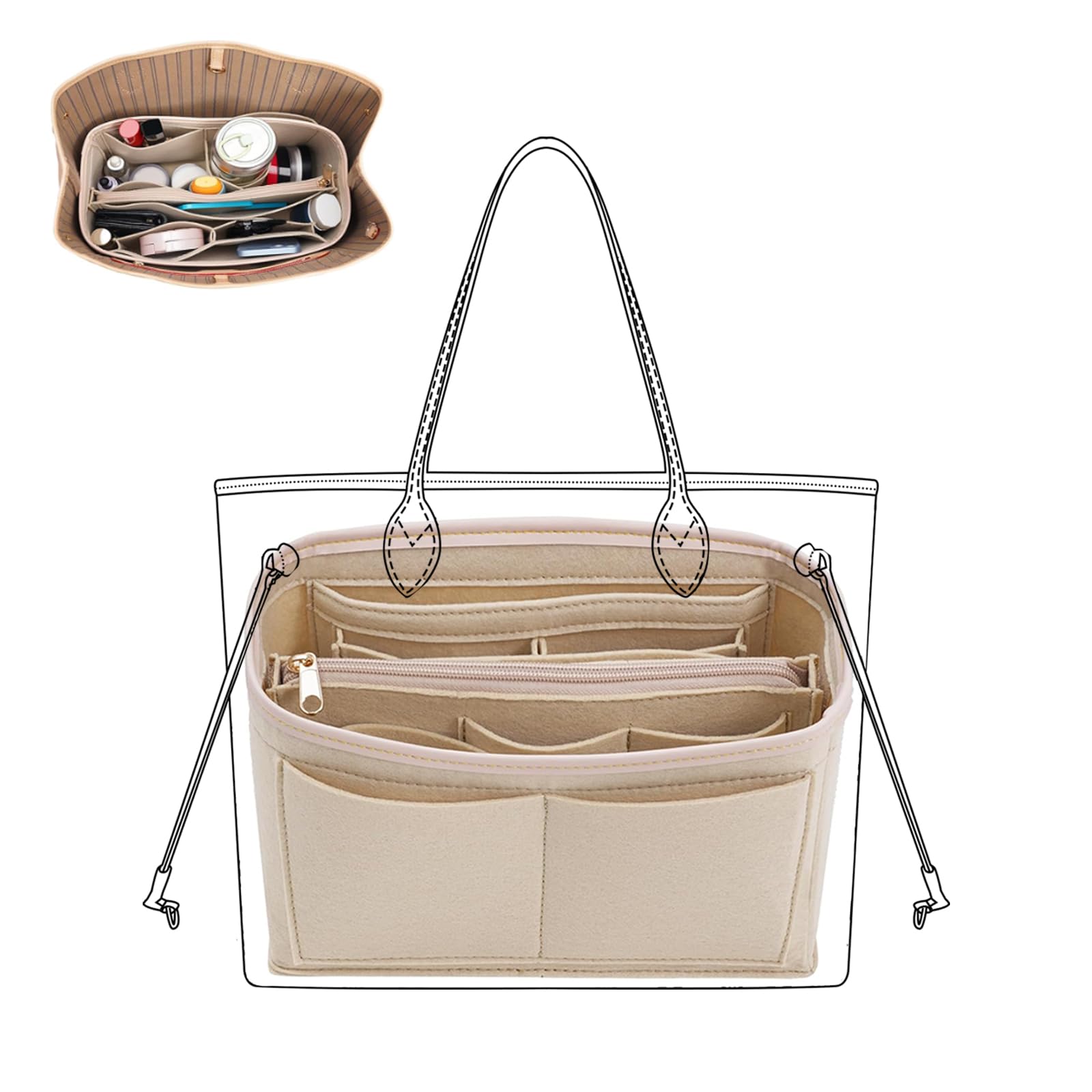 Premium Felt Purse Organizer Insert with Metal Zipper - 6 Sizes for Tote Bags, Compatible with Neverfull, Speedy & More | Perfect for Travel, Work & Daily Organization