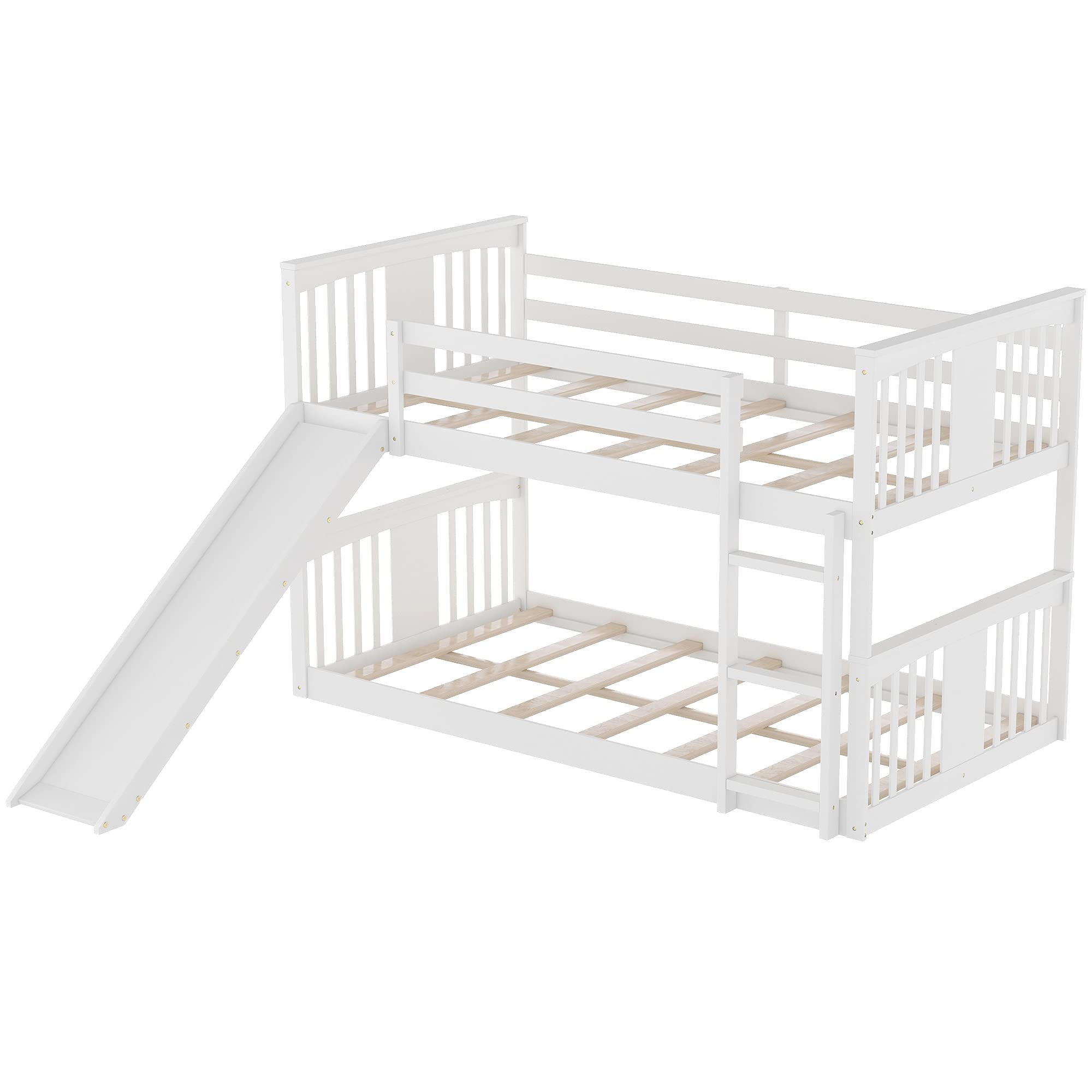 Low Twin Over Twin Bunk Bed with Slide - Solid Wood Kids Bunk Bed with Safety Guardrail, Ladder, Headboard & Footboard - Perfect for Toddlers, Children & Teens (White Finish) - Ideal for Small Bedrooms, Shared Kids Rooms & Vacation Homes