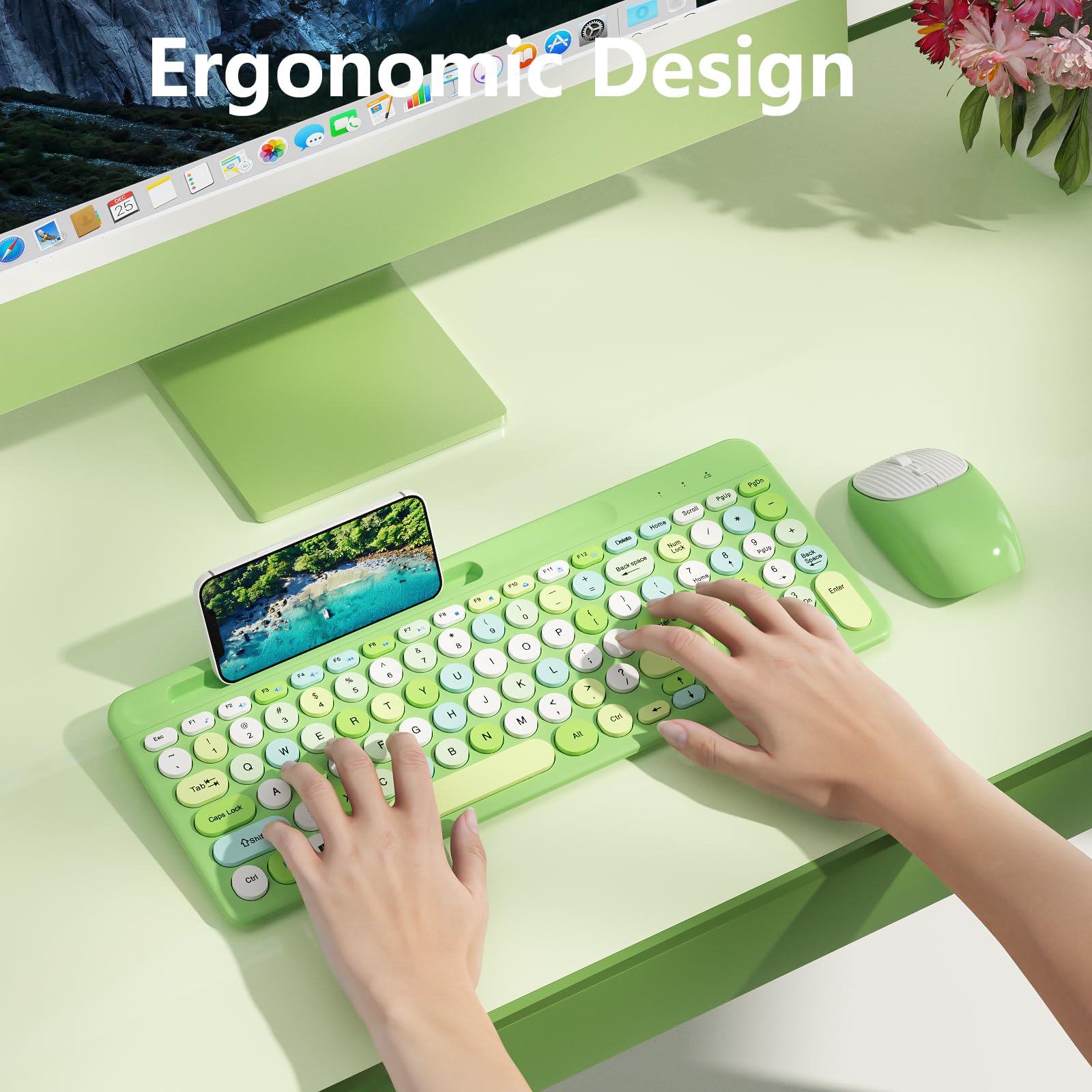 Retro Wireless Keyboard and Mouse Combo with Round Keycaps, 2.4GHz Full-Size USB Cute Green-Colorful Set for Computer, Desktop, Laptop, Home Office, and Gaming