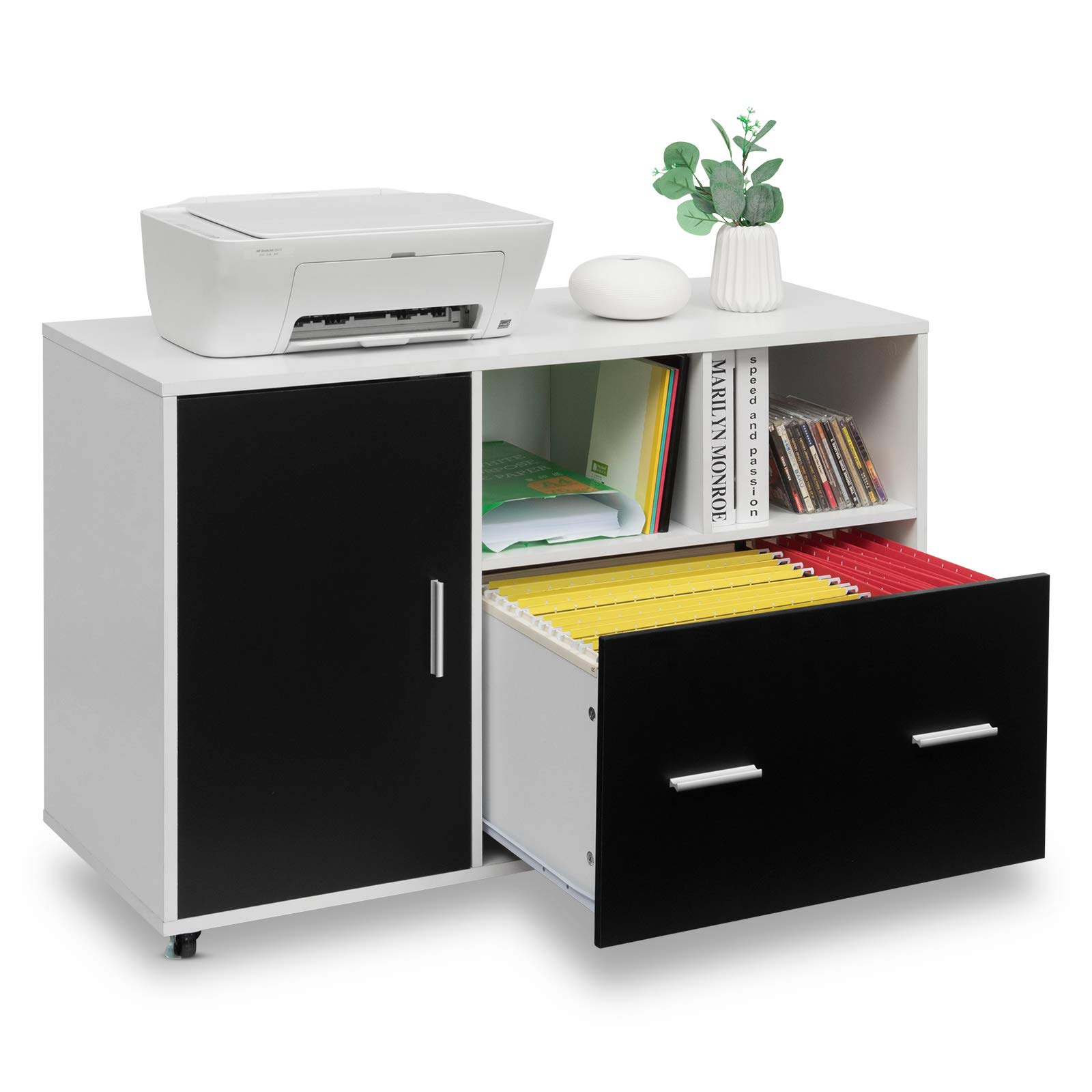 Giantex Mobile Lateral File Cabinet with Drawer & Open Storage Shelves - Wooden Organizer for Home Office, A4 Letter Legal Size Printer Stand - White & Black - Perfect for Document Storage & Workspace Organization