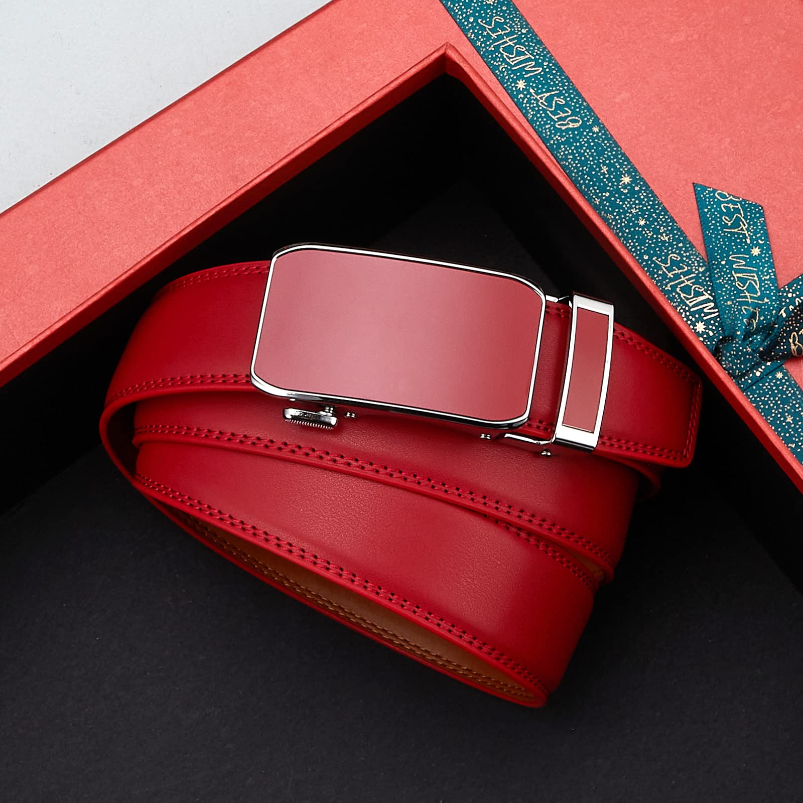 Premium Men's Genuine Leather Ratchet Dress Belt - Adjustable Slide Belt for Formal & Business Wear - Elegant Gift Box for Father's Day, Wedding & Office Gifts
