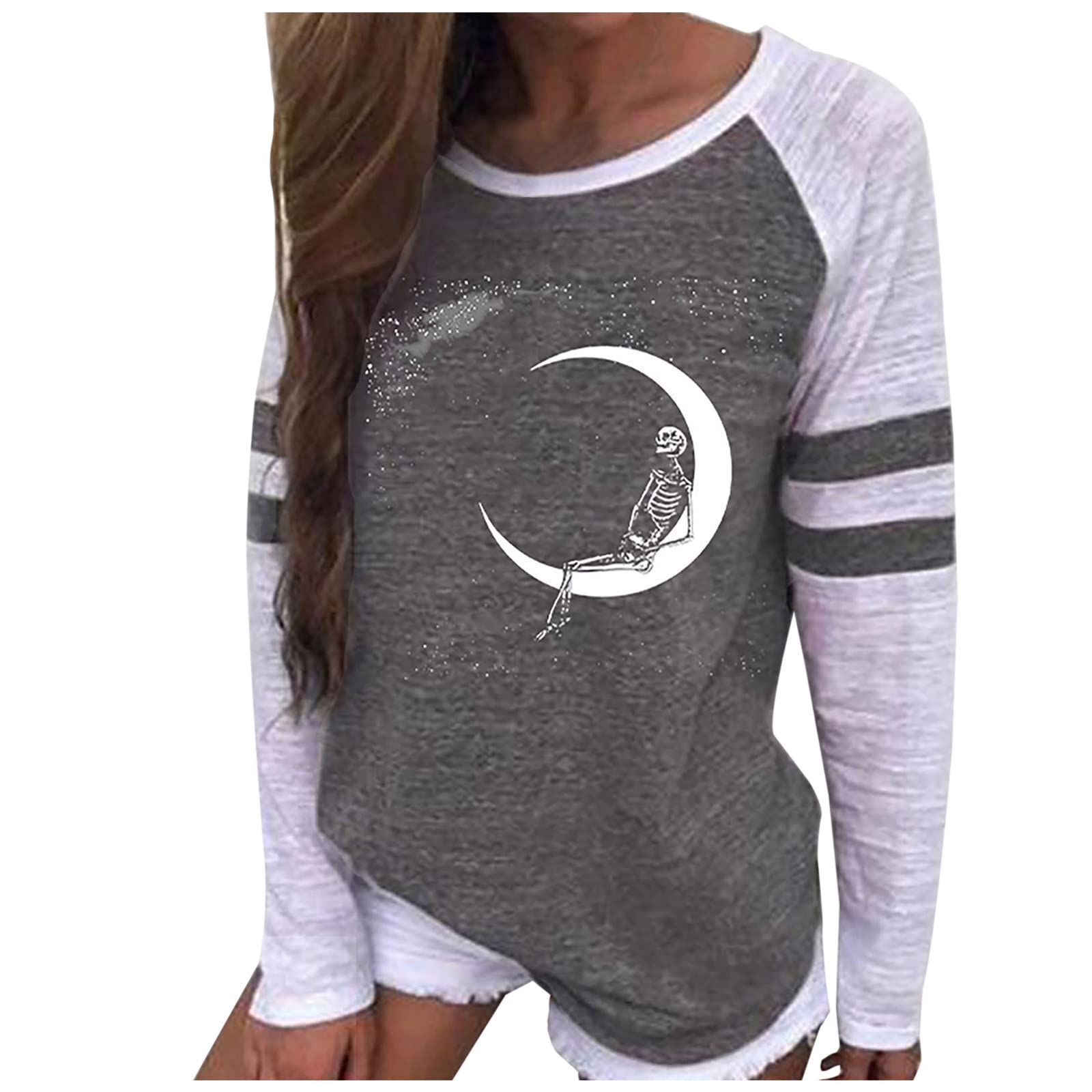 Women's Color Block Striped Long Sleeve Tunic Top with Skull Print - Funny Halloween Crew Neck Pullover Blouse for Casual Wear & Costume Parties