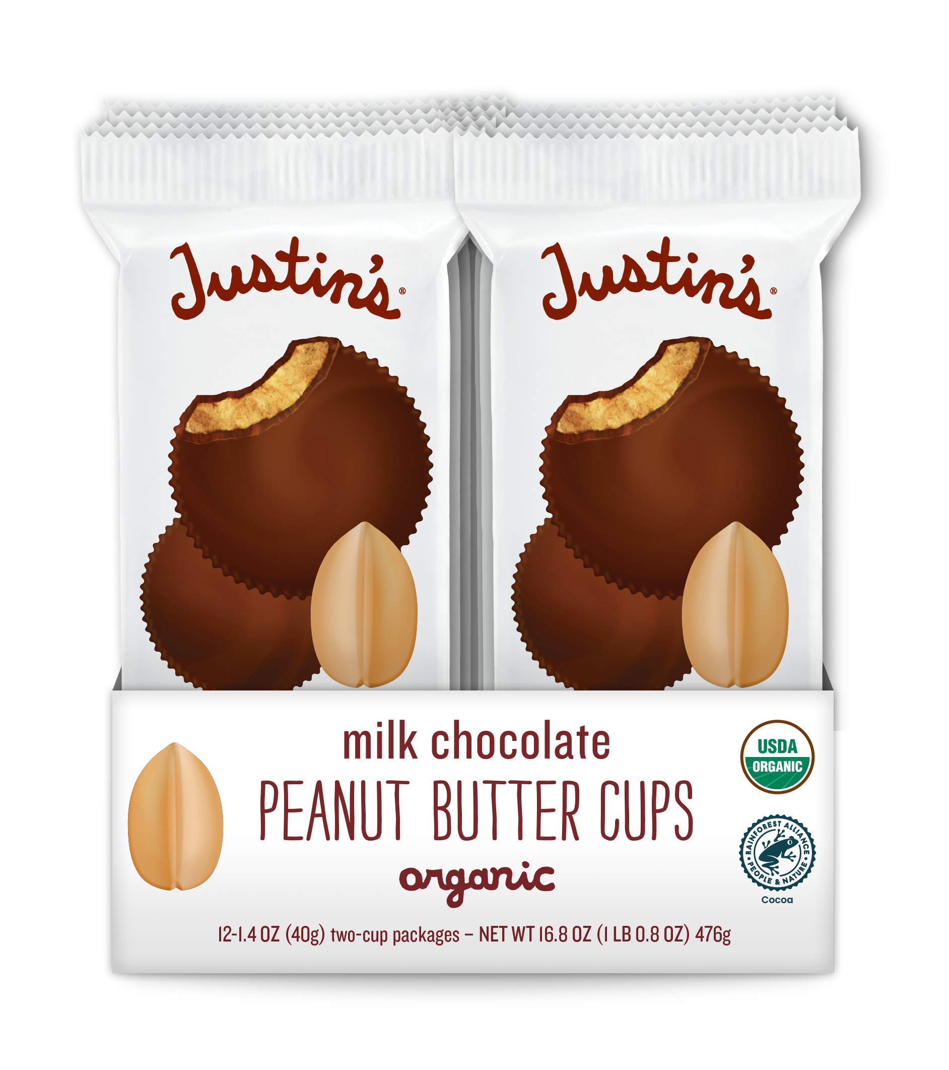 Organic Milk Chocolate Peanut Butter Cups by Justin's - Rainforest Alliance Certified, Gluten-Free, Responsibly Sourced, 12 Pack (24 Cups Total) - Perfect for Snacking, Gifts & Healthy Desserts
