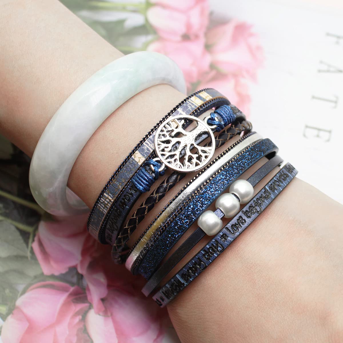 Boho Leather Wrap Bracelets for Women - Bohemian Crystal Beaded Adjustable Magnetic Clasp Layered Bracelet Set, Trendy Jewelry Gift for Her | Perfect for Festivals, Parties & Everyday Boho Chic Style