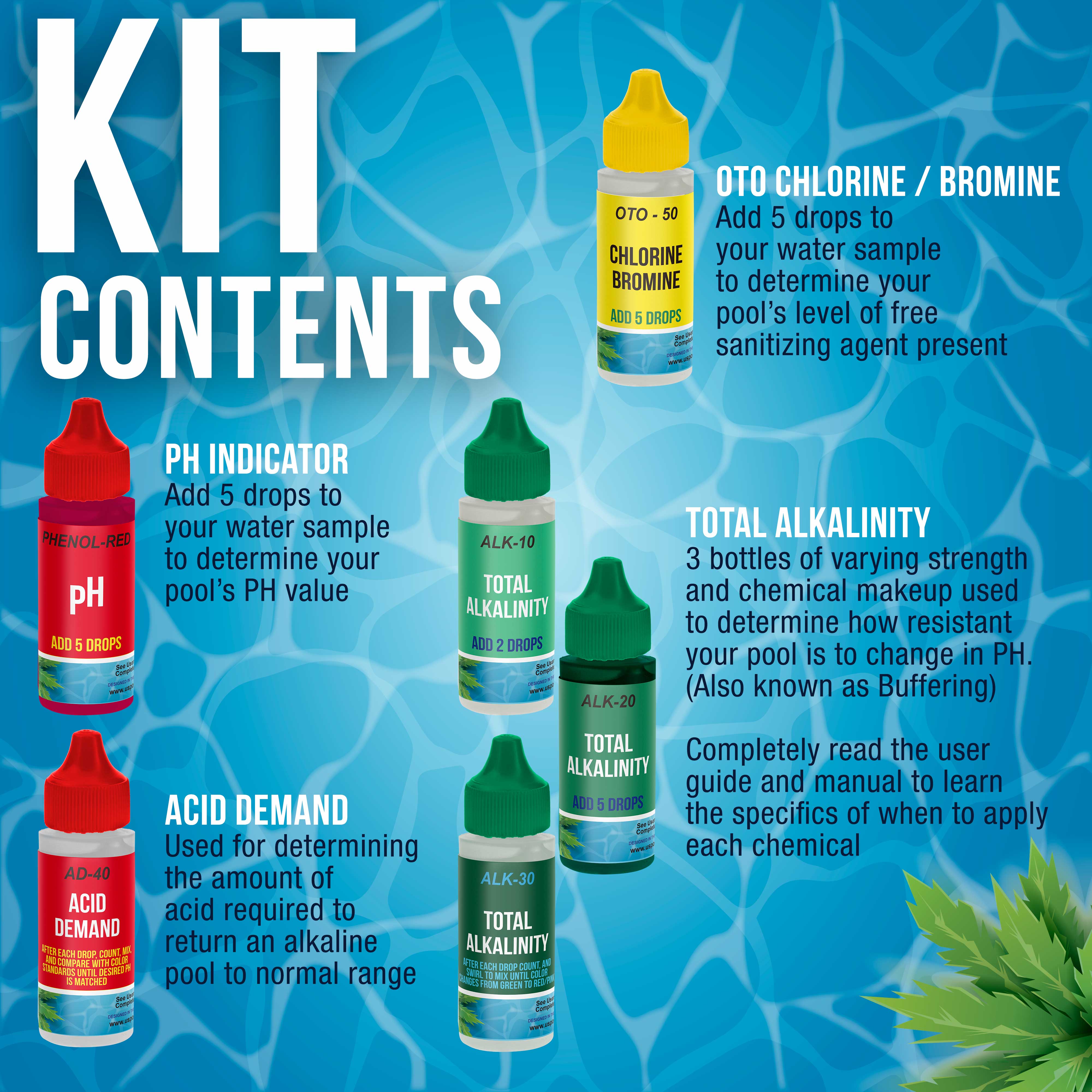 Premium 6 Bottle Refill Solution Pack for 5-Way Swimming Pool & Spa Water Test Kit - pH, Chlorine, Bromine, Alkalinity & Acid Demand Testing | Pool Maintenance Supplies | Ideal for Home Pools, Hot Tubs & Spas