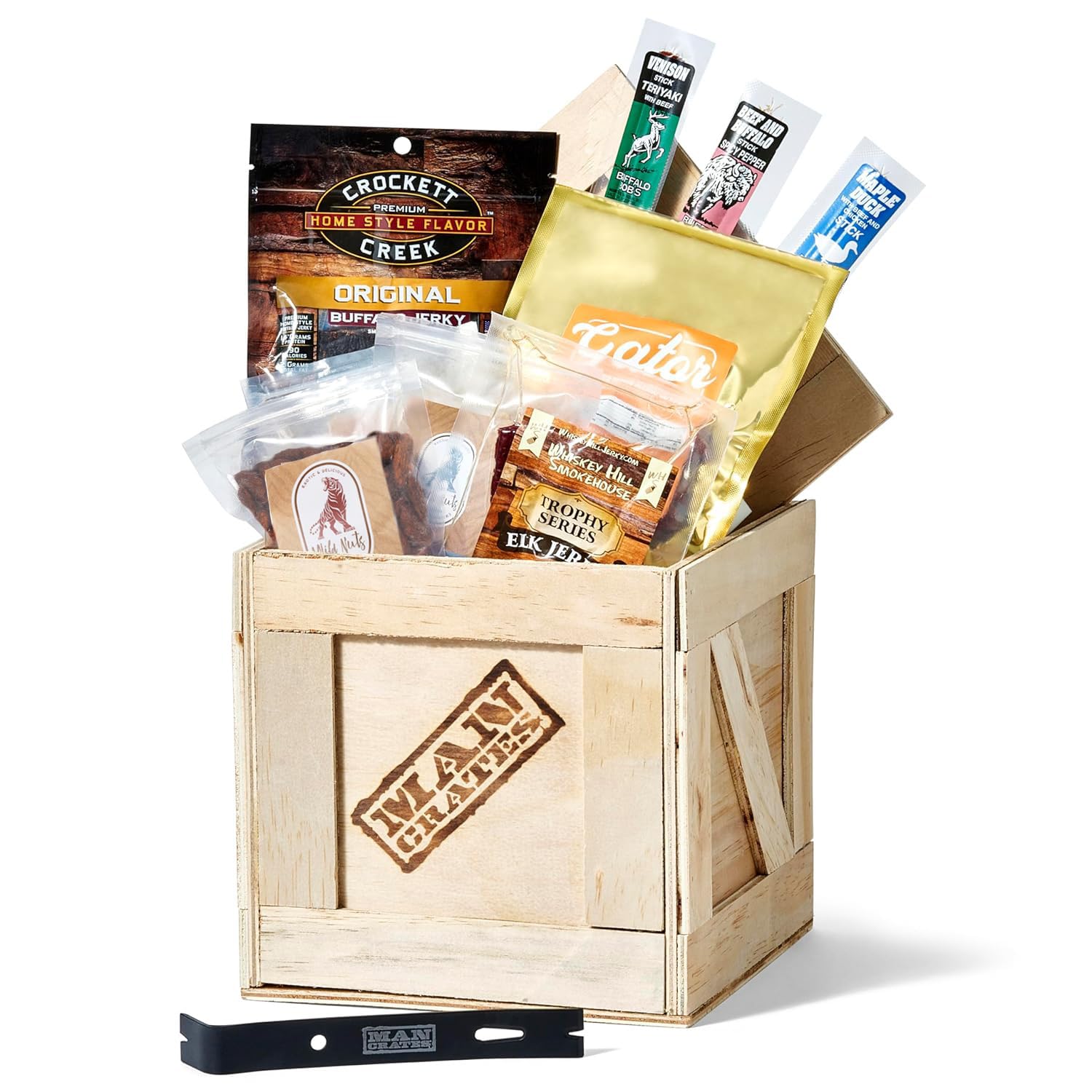 Exotic Meats Gift Crate – 6 Premium Jerky Flavors (Venison, Alligator, Elk) & Nut Snacks – Handcrafted Wooden Box with Laser-Etched Crowbar – Perfect for Adventurous Foodies, Unique Gifts & Outdoor Enthusiasts