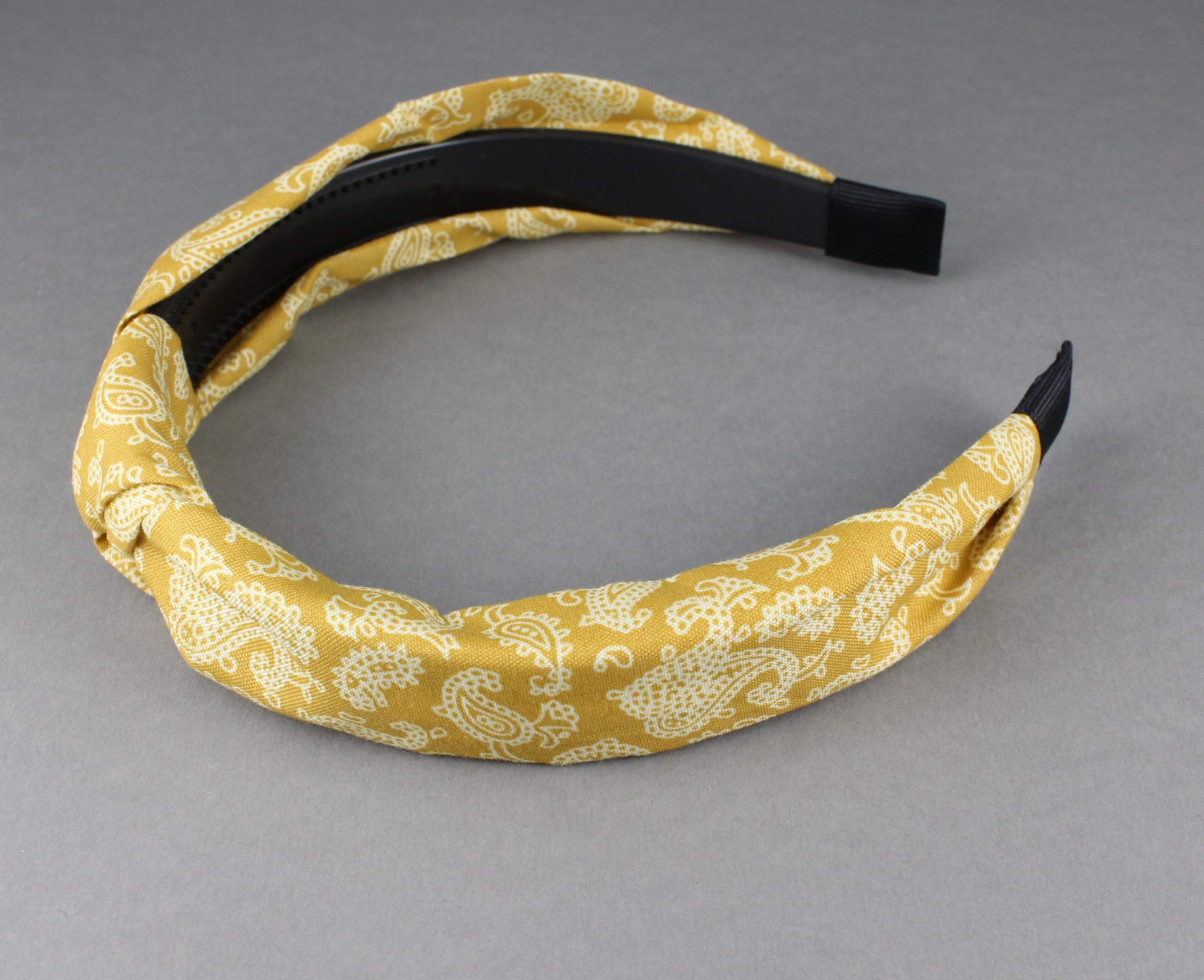 Yellow and White Turban Knot Headband - Paisley Fabric Covered Hair Band with Grip Teeth for Women | Yoga, Workout, and Fashion Accessory