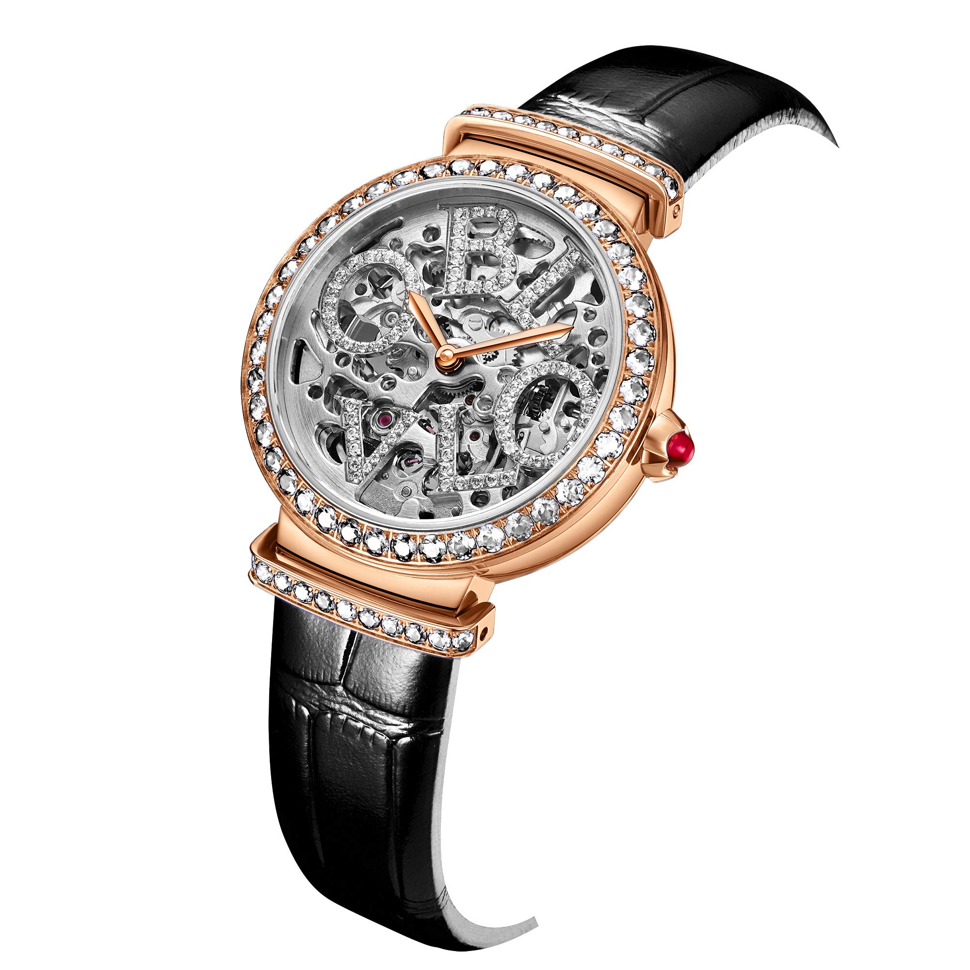 Luxury Women's Rose Gold Automatic Watch with Skeleton Dial - Genuine Leather Strap - Elegant Dress Watch for Business, Party & Special Occasions
