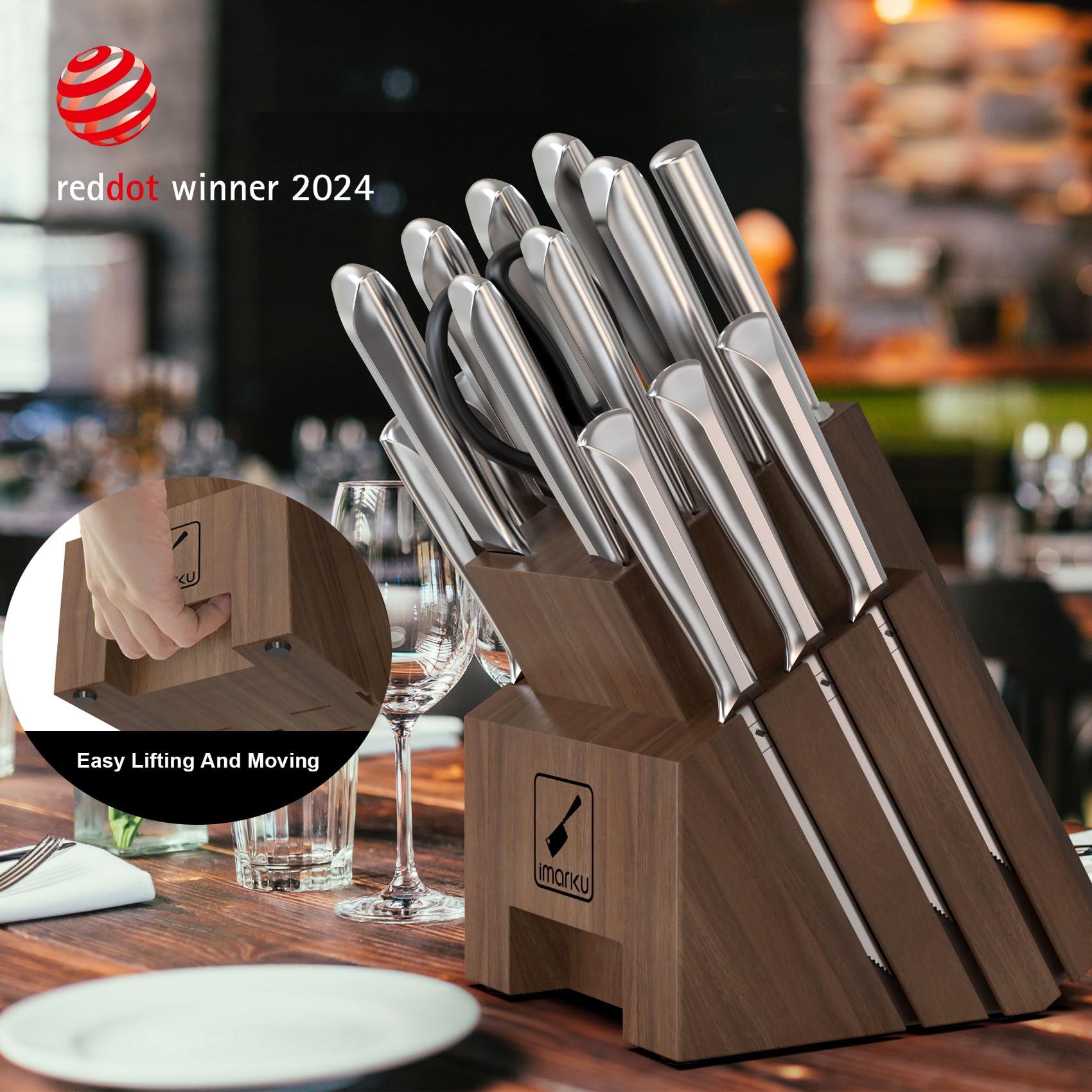 Imarku 16-Piece High Carbon Stainless Steel Kitchen Knife Set with Wooden Block - Ultra Sharp Japanese Knives with Non-Slip Dotted Ergonomic Handles - Perfect for Home Chefs, Cooking Enthusiasts & Gift Giving