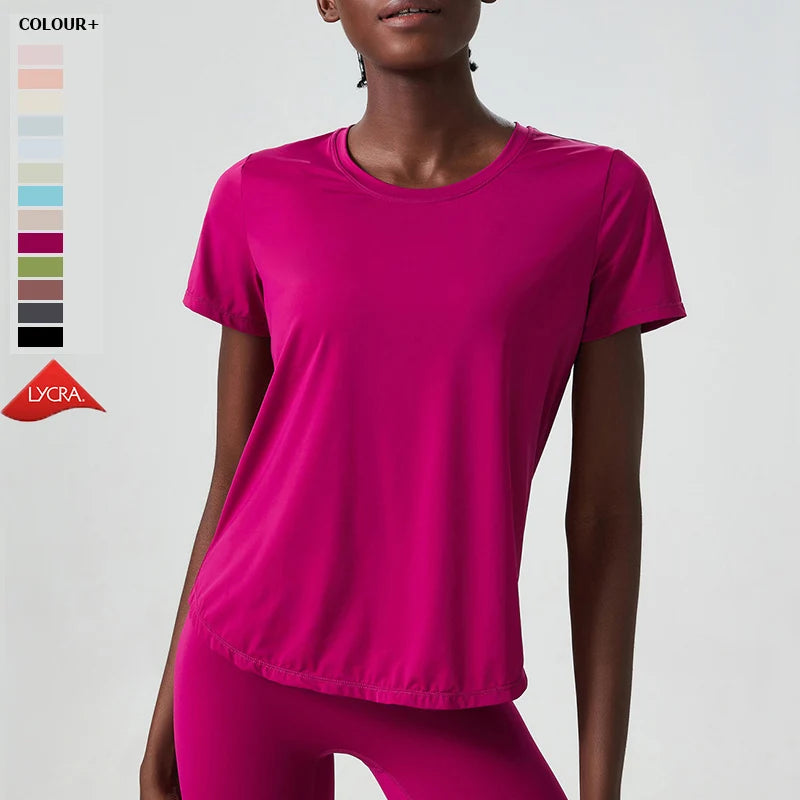 Women's Summer Short Sleeve Yoga T-Shirt - Breathable Lycra Activewear for Gym, Running & Workouts - Solid Color Fitness Top for Yoga, Pilates & Casual Wear