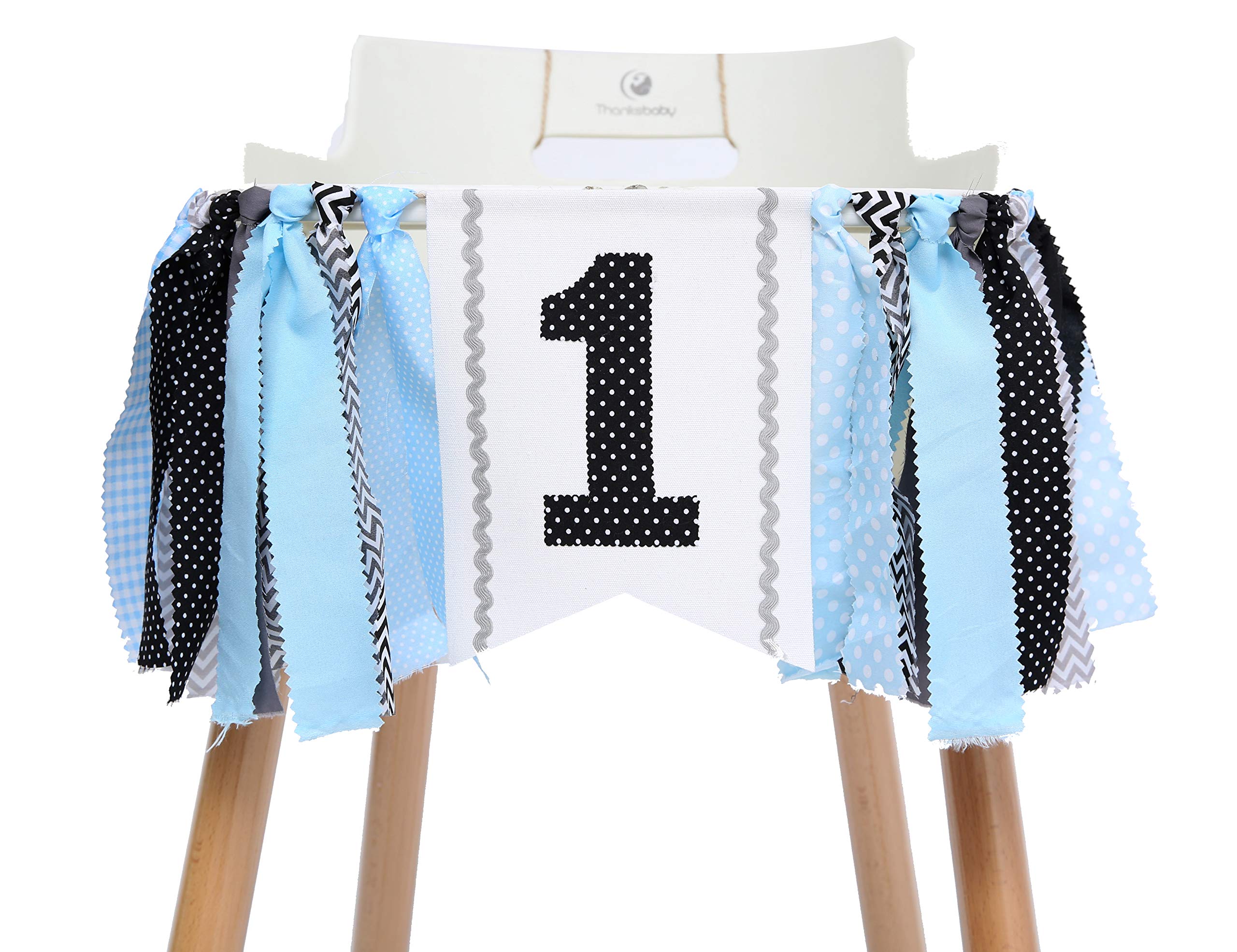 WAOUH 1st Birthday High Chair Banner - First Birthday Party Decorations, Rag Tie Fabric Garland, Photo Booth Props, Birthday Souvenir & Gifts (Black Blue) - Perfect for Baby's Milestone Celebration & Photo Shoots