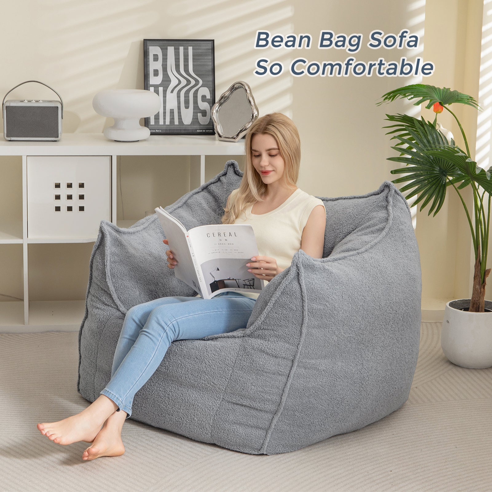 MAXYOYO Artistic Bean Bag Chair Sofa - Comfortable Lazy Chair with Armrests for Adults, Perfect for Gaming, Reading & Relaxing in Living Room, Bedroom or Dorm (Grey)