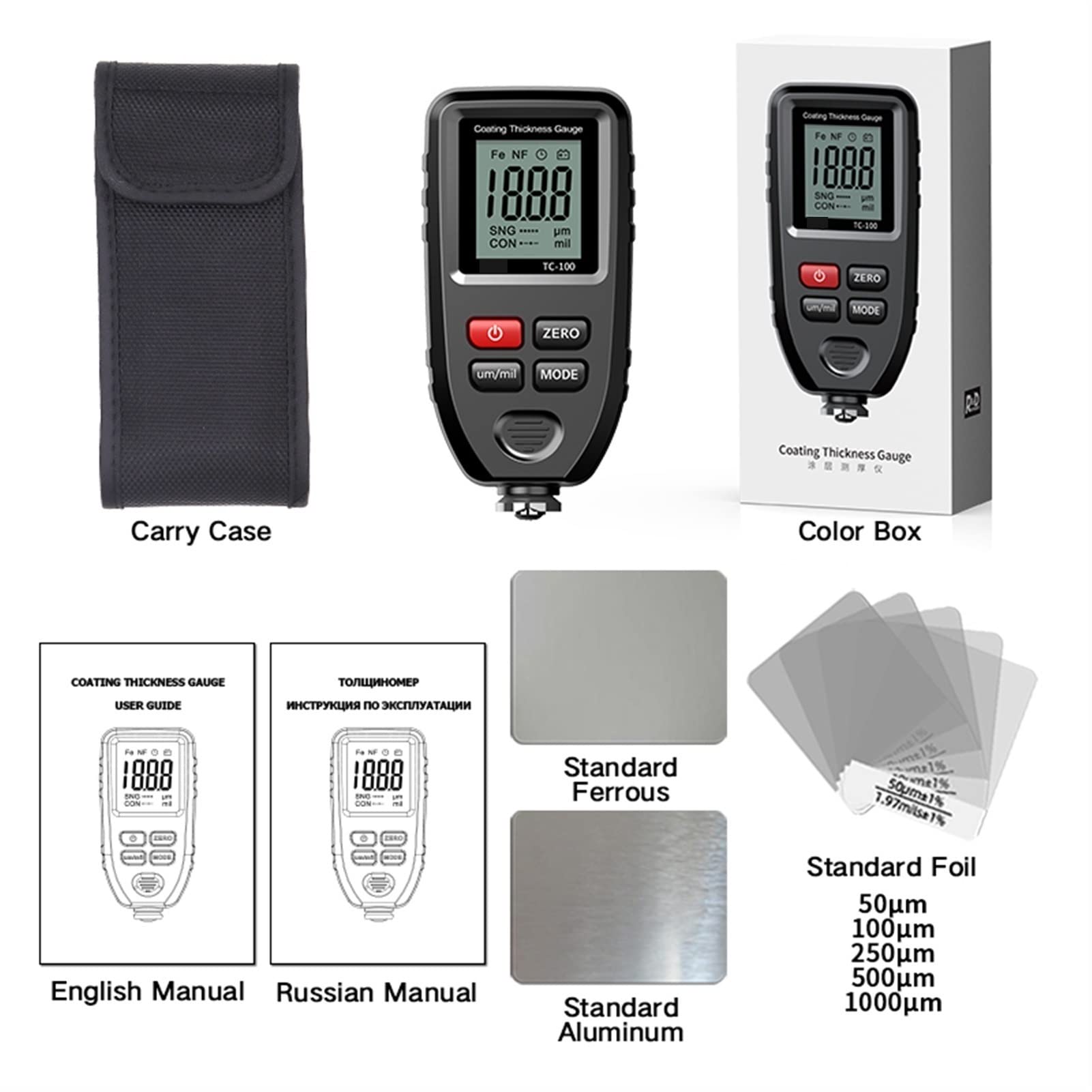 KIRANDY TC100 Coating Thickness Gauge - Digital Paint & Film Thickness Tester for Cars, Metal (FE/NFE) - Russian Manual Included - Black/Grey | Automotive Repair, Quality Control, Industrial Measurement