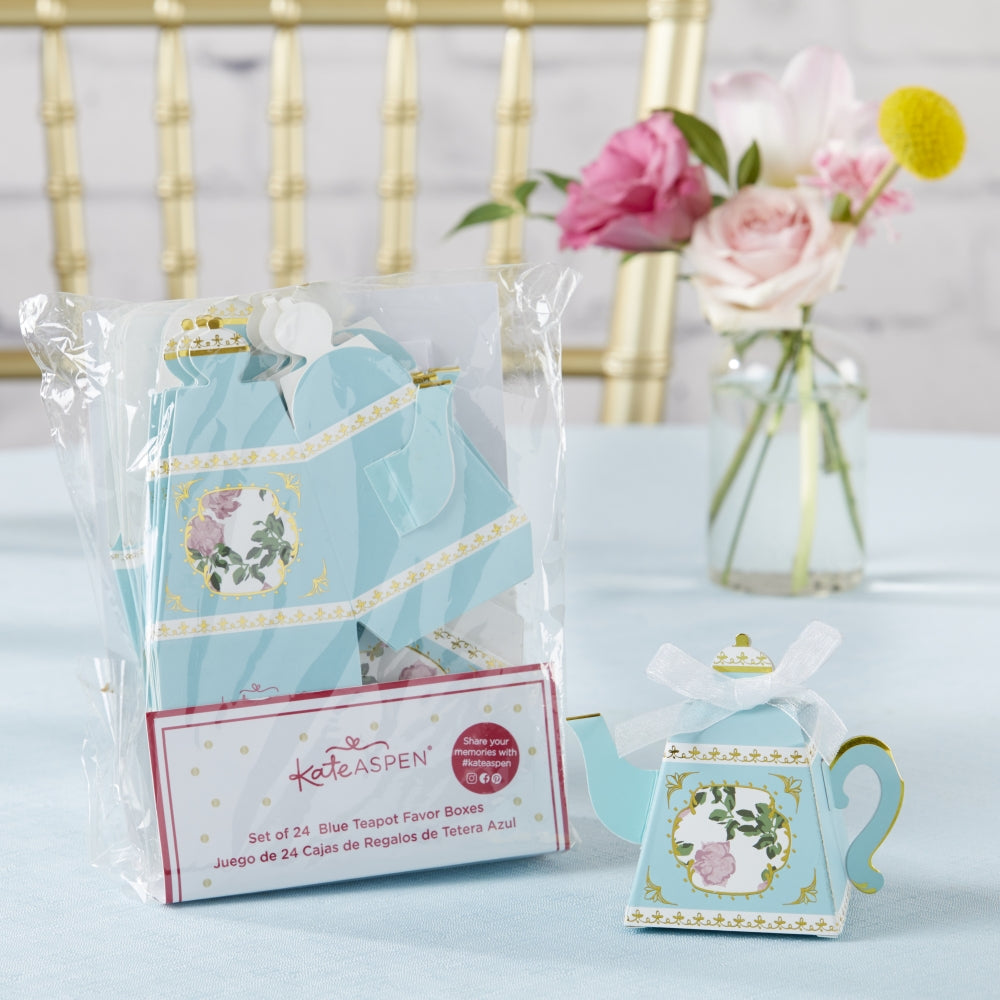 Whimsical Blue Teapot Favor Box Set of 24 - Perfect for Tea Party Decorations, Bridal Showers & Baby Showers