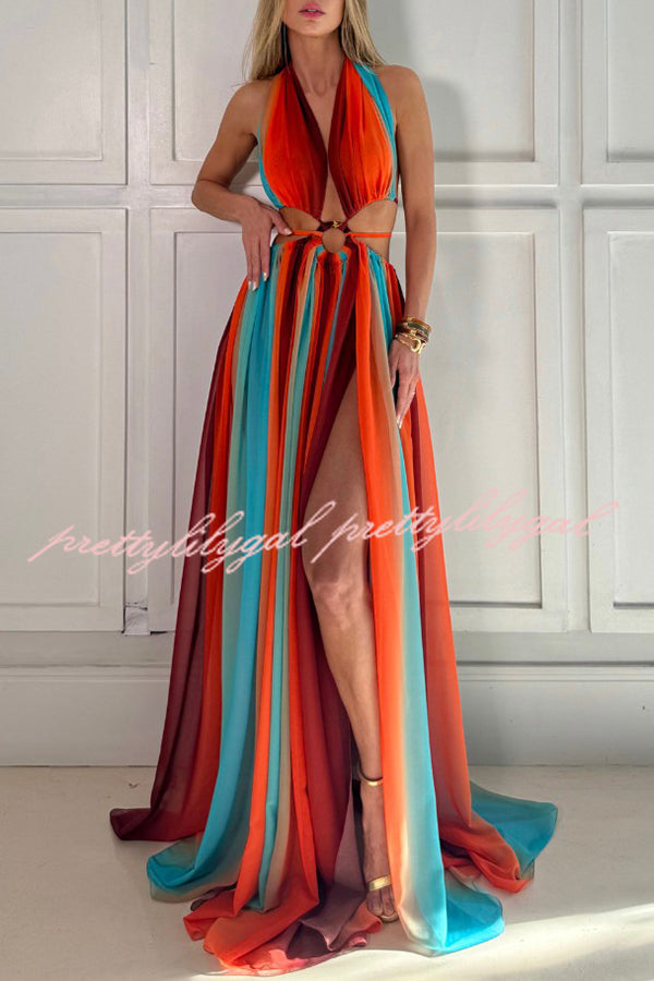 Elegant Printed Tulle Maxi Dress with Ring Hollow Design & High Slit - Perfect for Beach Vacations, Summer Parties & Evening Events
