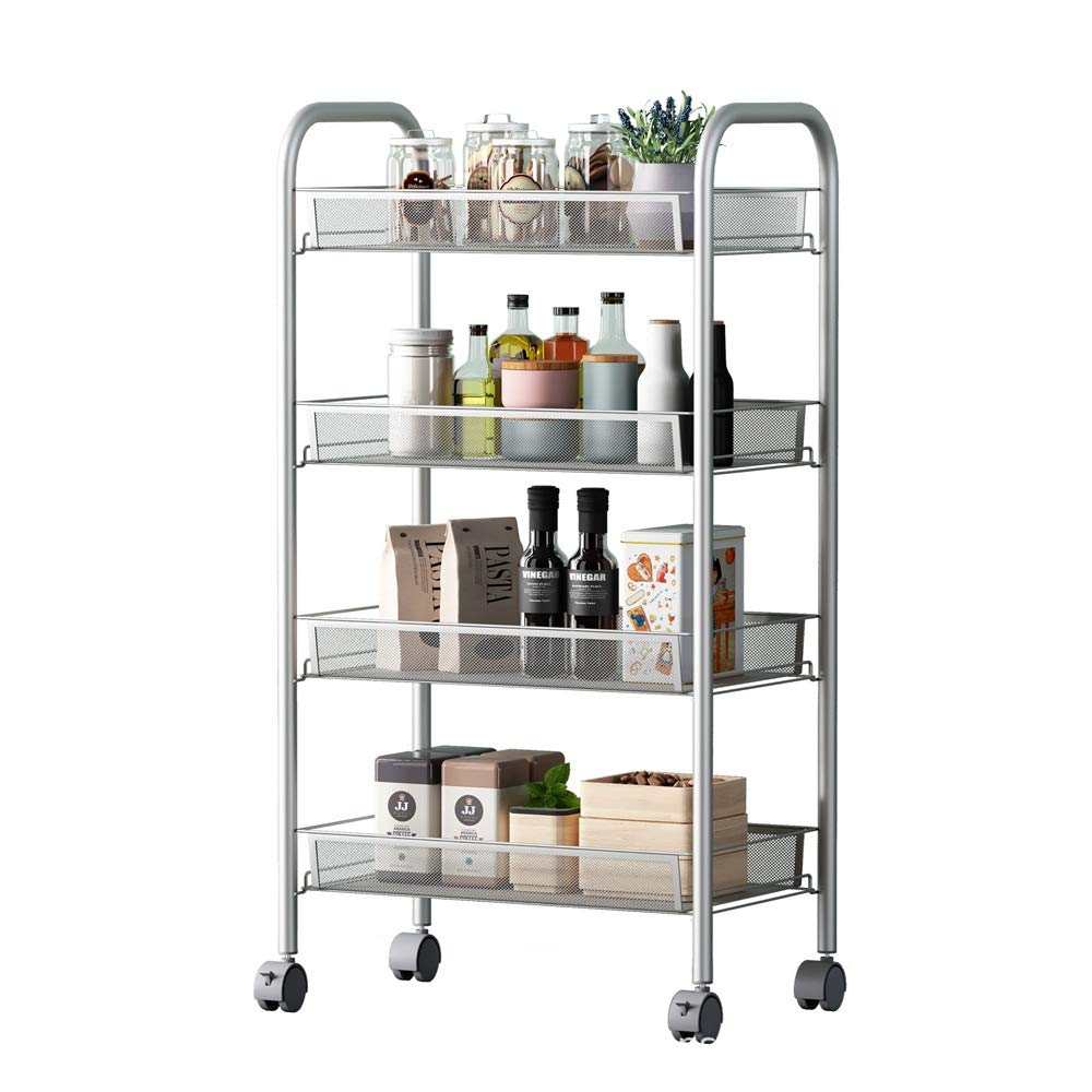 HttKse 3-Tier Rolling Utility Cart with Lockable Wheels - Metal Mesh Storage Shelves, Multifunctional Pantry Cart for Kitchen, Office, or Garage (46x27x85cm, Silver Gray) - Perfect for Organizing Groceries, Supplies, and Tools