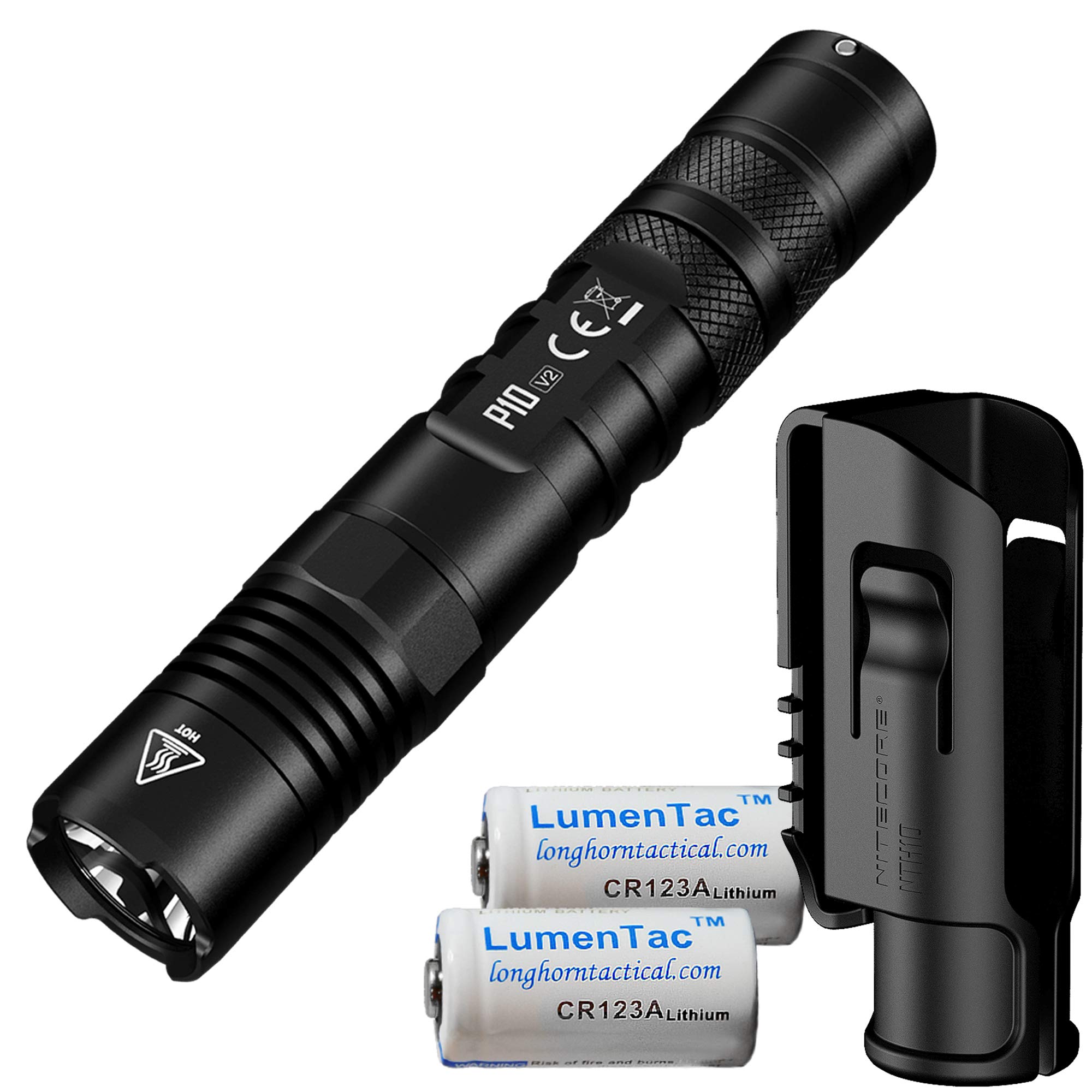 Nitecore P10 V2 1100 Lumen Tactical Flashlight with Hard Holster & 2 LumenTac Batteries - Compact Powerful LED Light for Camping, Hiking, Emergency, and Outdoor Adventures