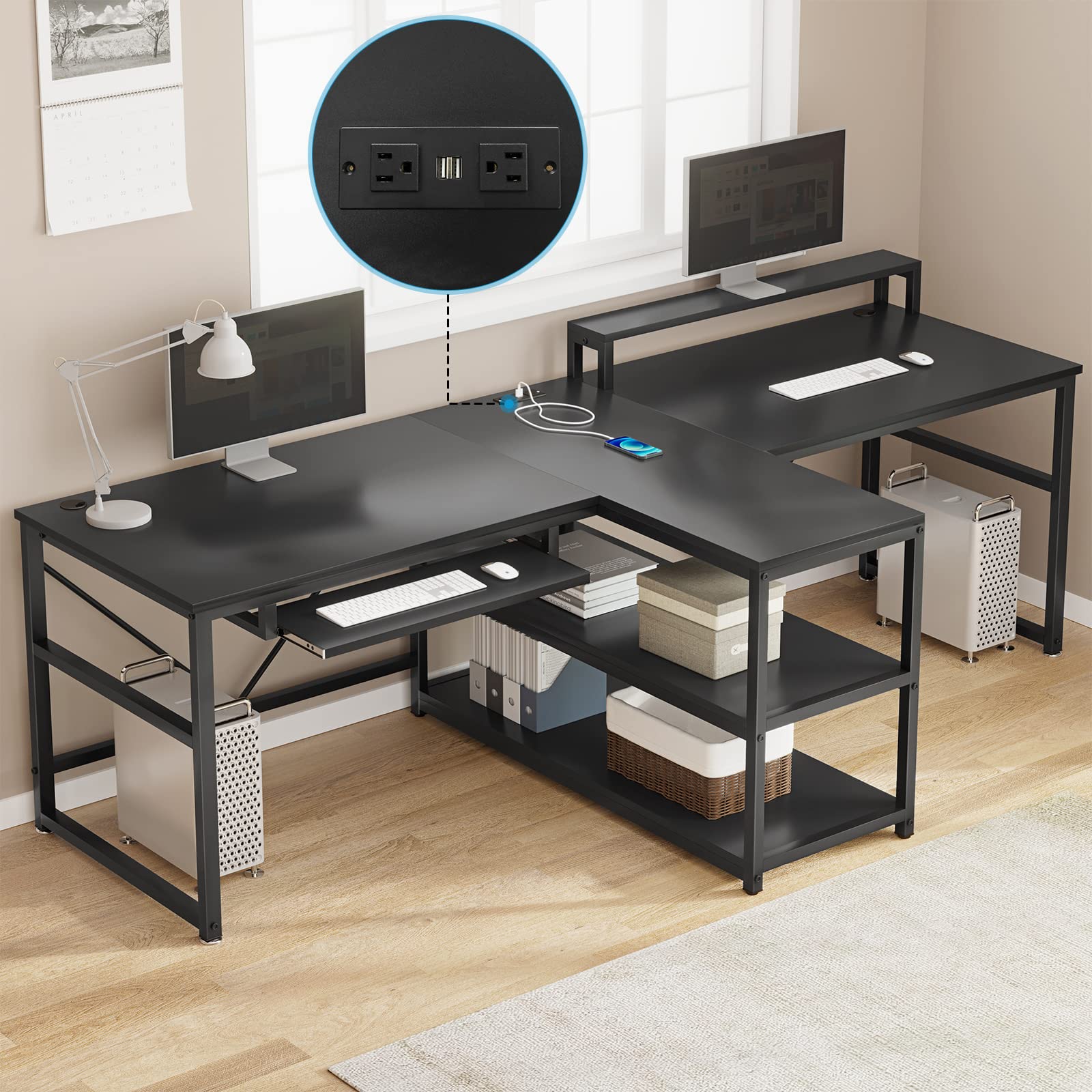 SEDETA 94.5 Inch Large Two Person Gaming Desk with LED Lights, Storage Shelves & USB Power Strip - Home Office Computer Desk with Keyboard Tray & Monitor Stand for Gamers & Remote Workers (Black) | Perfect for Multiplayer Gaming, Shared Workspaces & Home Office Setups