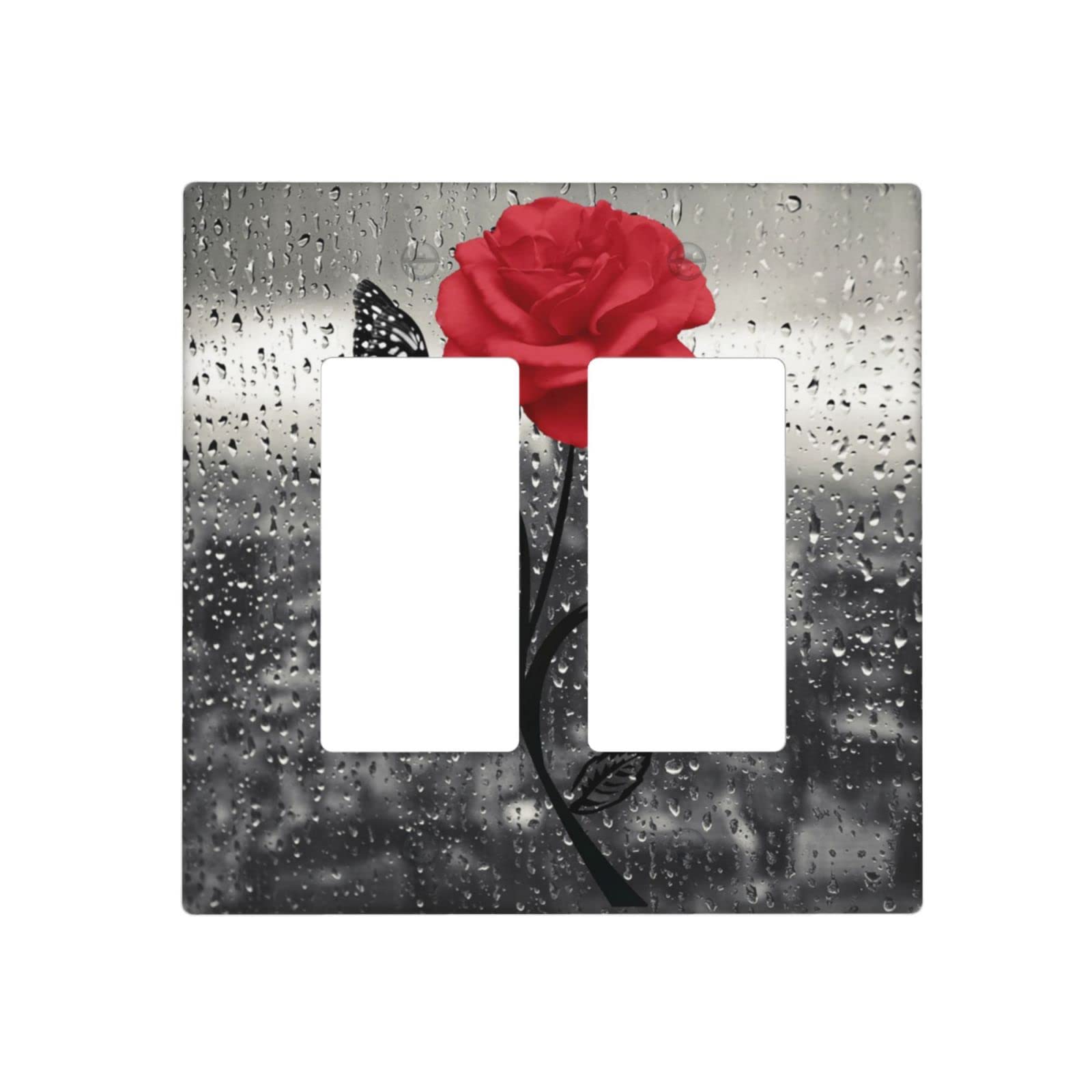 Black & Red Rose Butterfly Double Rocker Light Switch Cover - 2 Gang Wall Plate for Bedroom, Living Room, Nursery & Home Decor | Decorative Electrical Outlet Cover for Vintage & Floral Theme Rooms