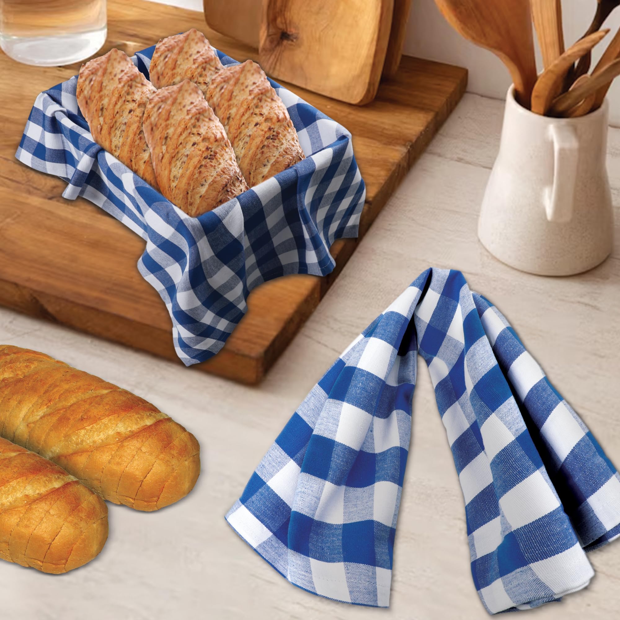 Urban Villa 6-Pack Blue/White Buffalo Check Kitchen Towels - 20x30 Inches, 100% Cotton, Highly Absorbent & Ultra Soft with Mitered Corners - Perfect for Cooking, Baking, Dish Drying & Home Decor