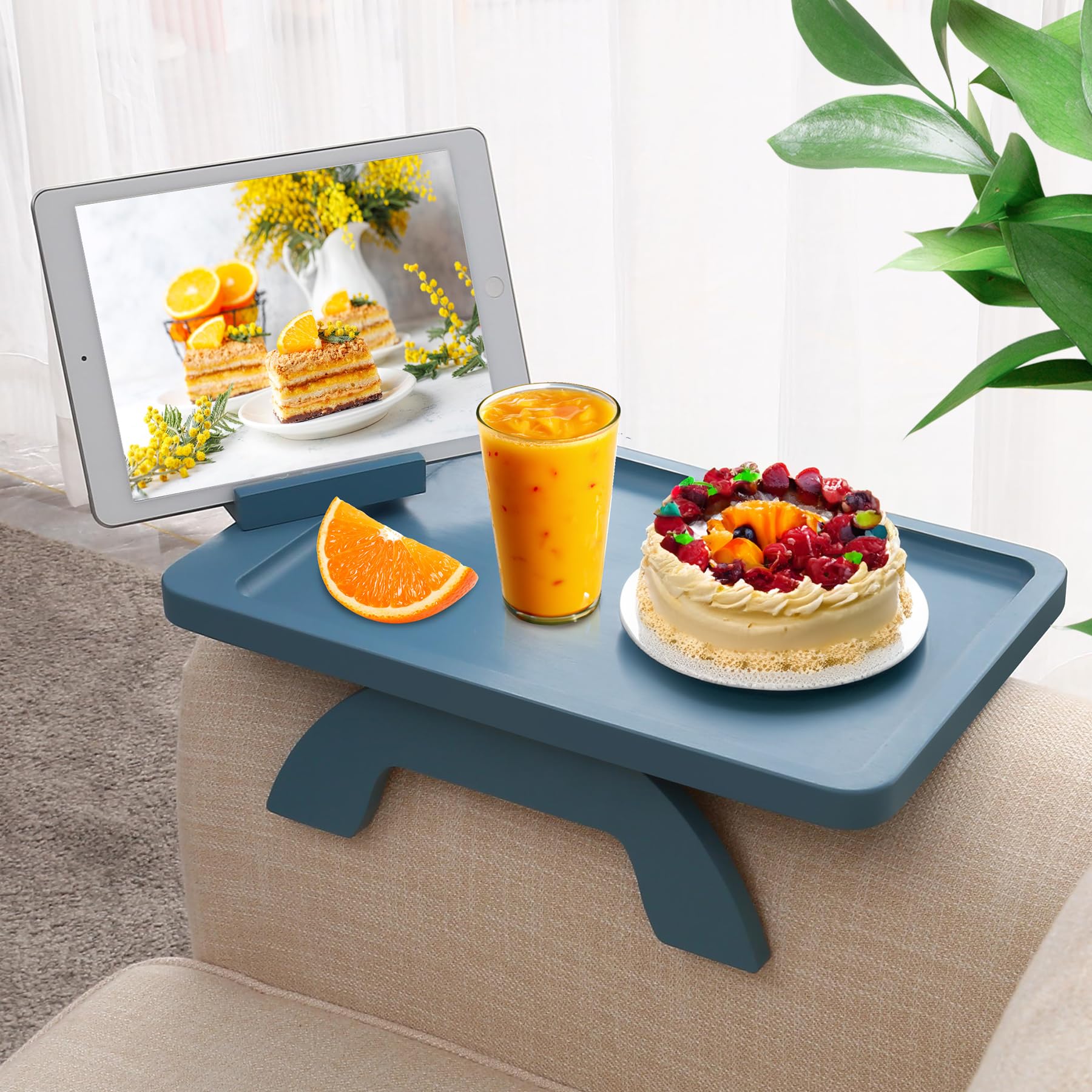 360° Rotating Bamboo Sofa Tray with Phone Holder - Clip-On Armrest Tray Table for Couches, Portable Couch Table for Eating, Drinking & Watching TV - Perfect for Living Room, Bedroom and Office Use