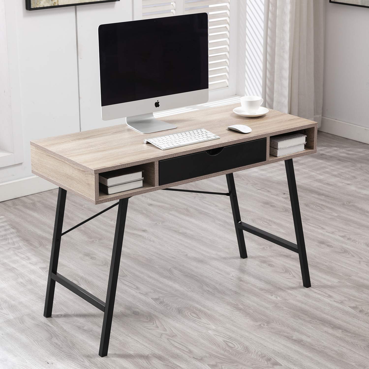 Lazyspace Home Office Desk with Drawer & Cabinets - 43.3 Inch Walnut Black Computer Desk for Writing & Study - Perfect for Small Spaces, Remote Work & Student Dorm Rooms