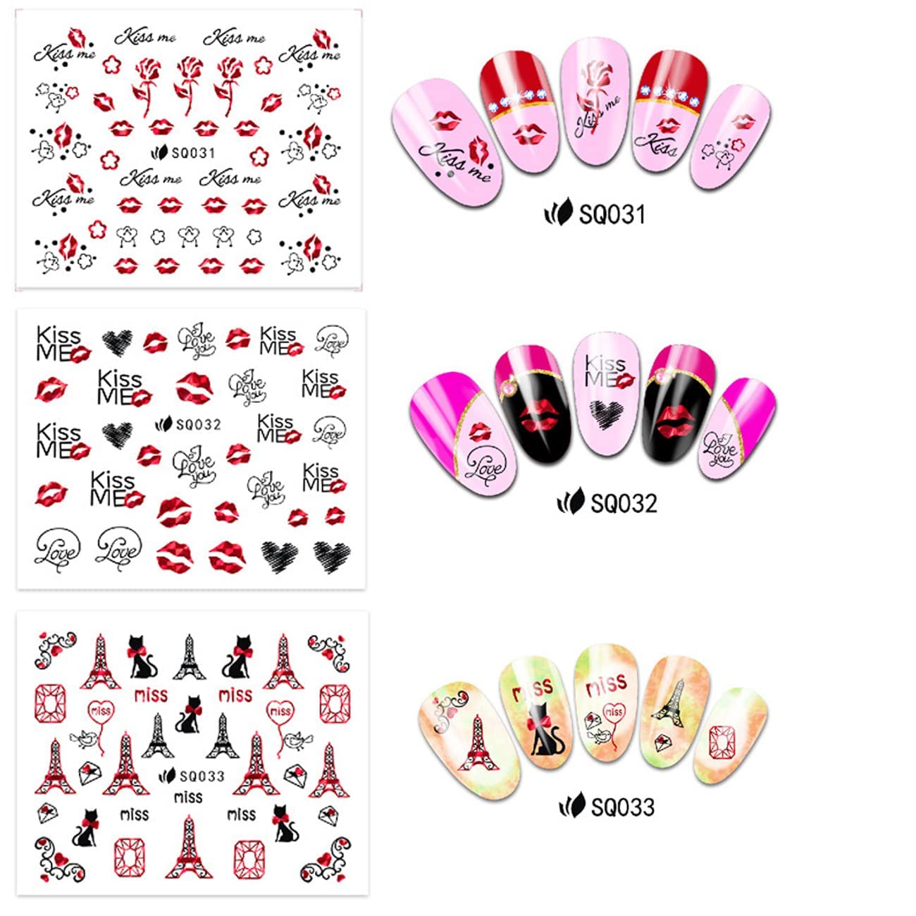 12 Sheets Valentine's Day Nail Art Stickers - 3D Self-Adhesive Nail Decals with Red Lips, Rose, Diamond & Heart Designs - Perfect for Women & Girls Nail Art Decorations - Great for Parties, Date Nights & Special Occasions