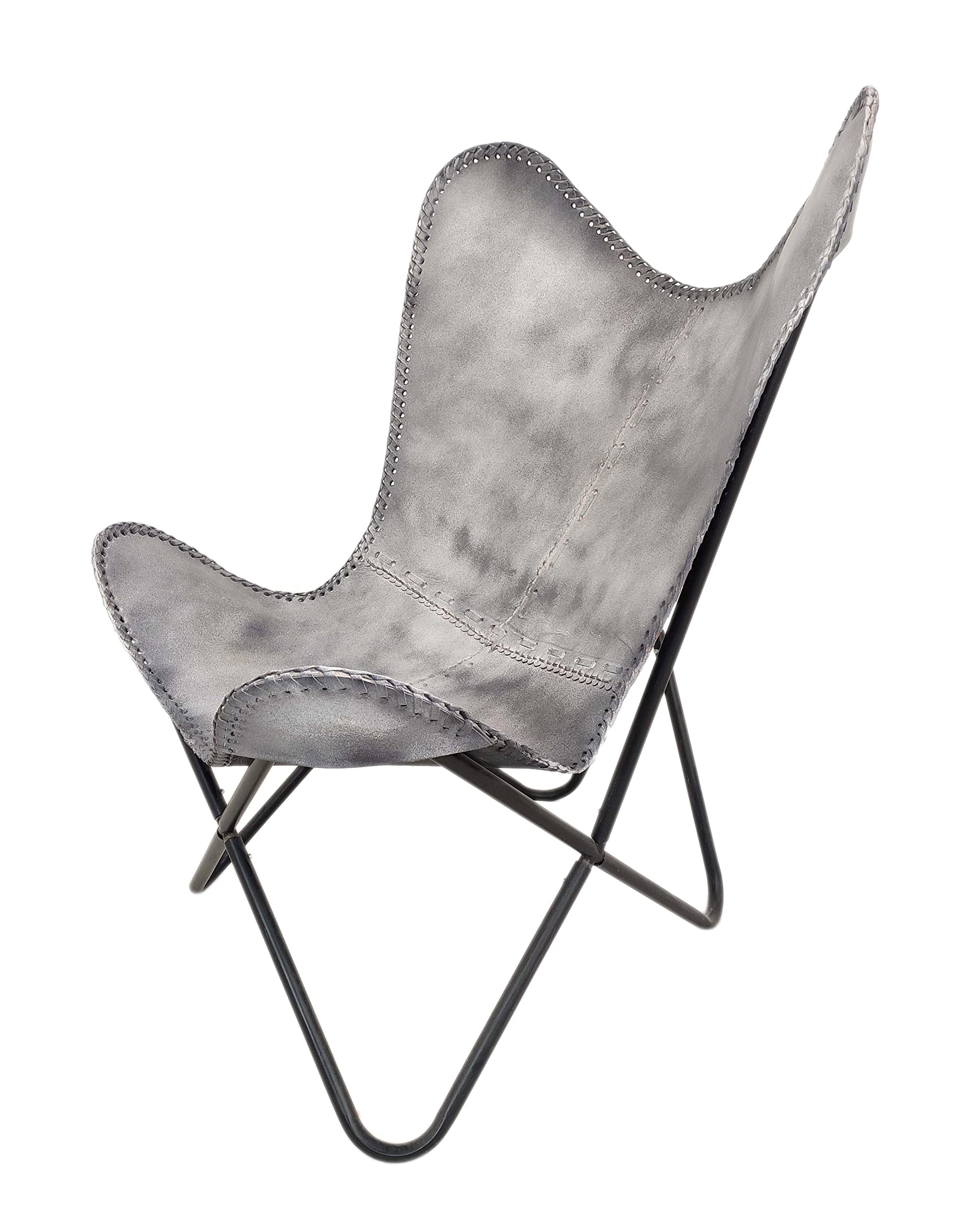 SR Mart Genuine Leather Butterfly Chair - Grey Elegant Lounge Chair with Black Metal Stand (103x84x70cm) for Living Room, Bedroom, Patio & Office - Comfortable Modern Accent Chair for Relaxing & Decor