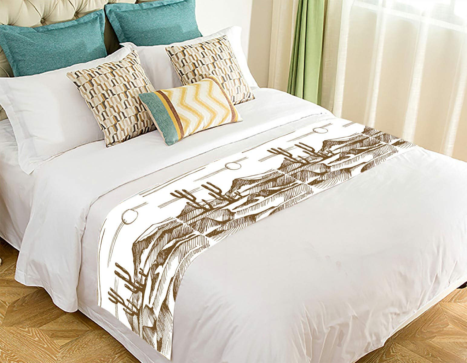 ECZJNT Cactus Landscape Mountain Design Bed Runner Scarf - 20x95 Inch Decorative Bedding Accent for Boho, Farmhouse & Western Home Decor