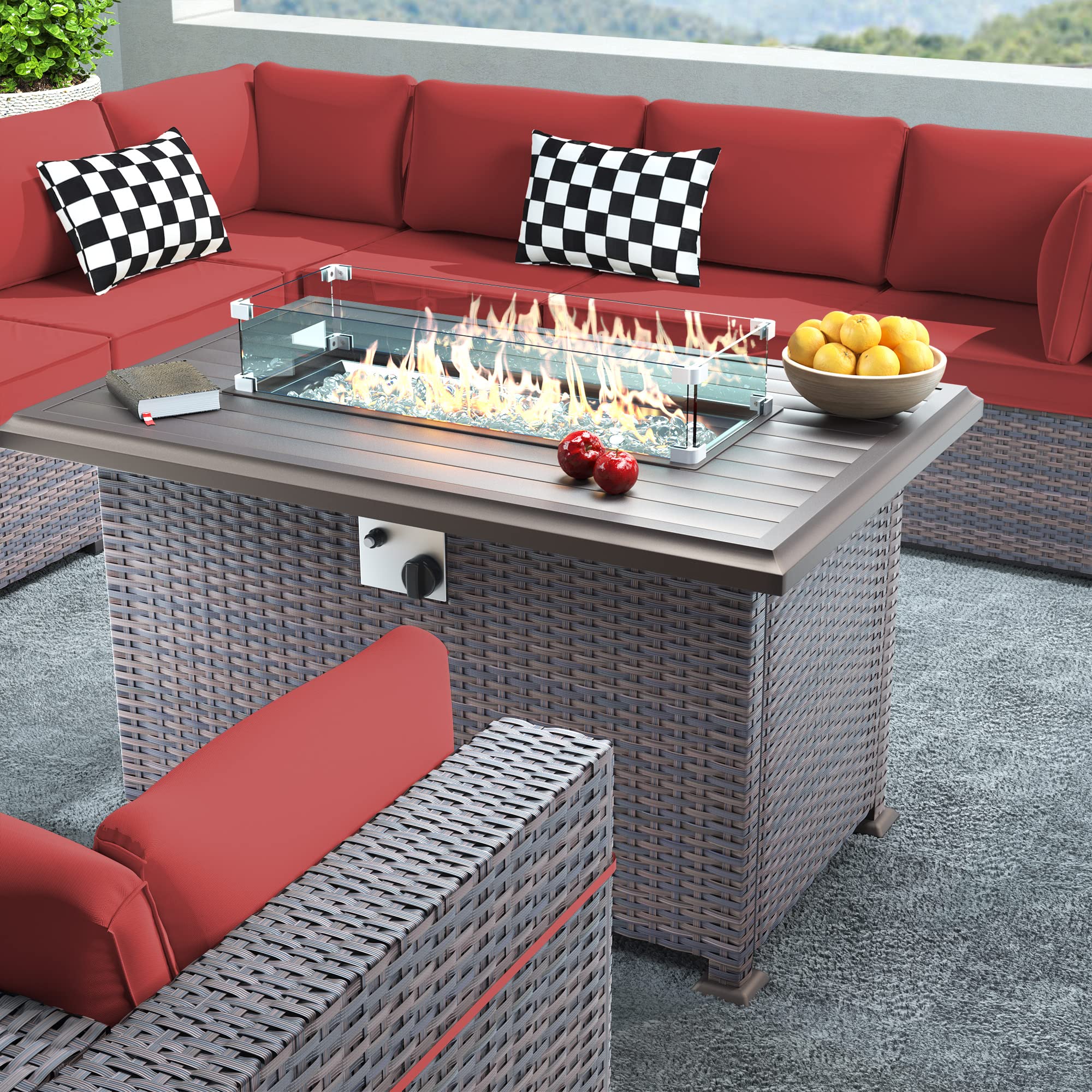 Gotland 15-Piece Outdoor Patio Furniture Set with 43-inch Gas Fire Pit Table - 55,000 BTU Auto-Ignition Sectional Sofa Set with Glass Wind Guard - Perfect for Backyard, Garden, Poolside & Outdoor Entertaining
