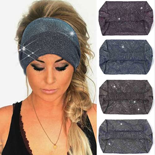 CAKURE Sparkly Sequins Headbands for Women - Wide Stretchy Turban Head Wraps, Boho Bling Hair Accessories for Yoga, Running, Workout & Sports - Pack of 4 (Set A) - Perfect for Gym, Beach, Party & Everyday Wear