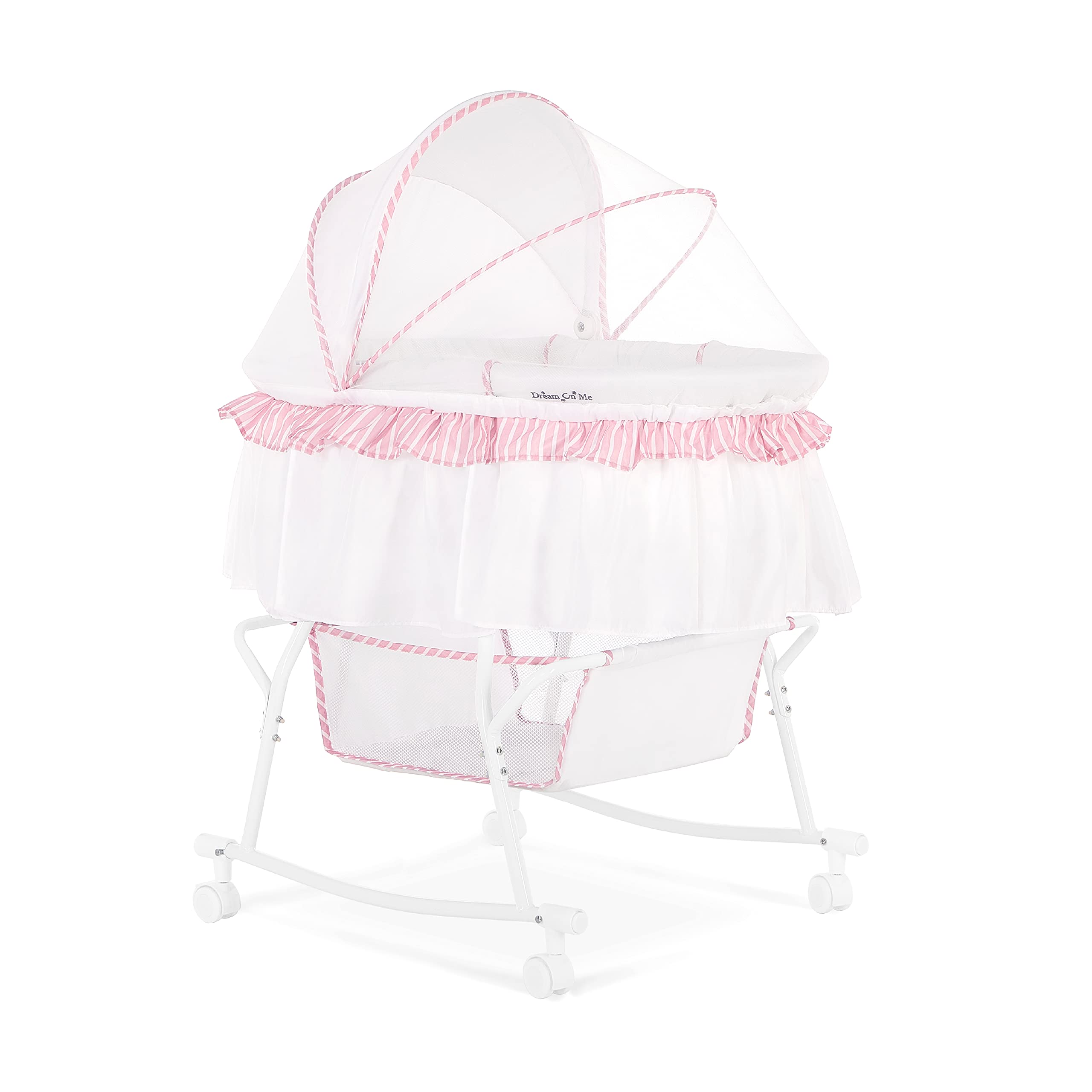 Dream On Me Lacy Portable 2-in-1 Bassinet & Cradle - Lightweight Baby Bed with Adjustable Canopy & Storage Basket | Pink & White Nursery Essential for Newborns & Infants | Perfect for Bedroom, Nursery & Travel Use