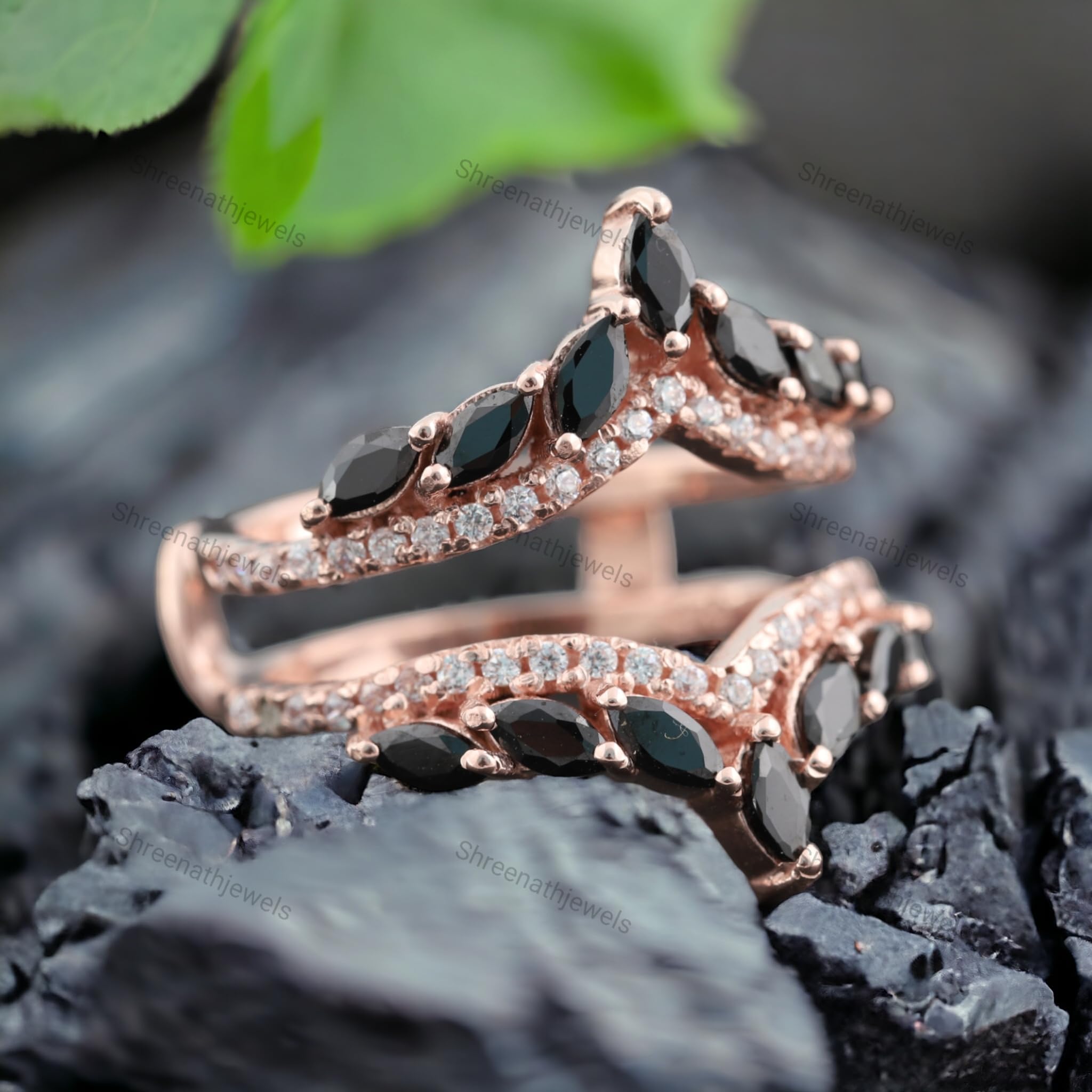 Black Onyx Wedding Band Enhancer Ring - Rose Gold Marquise Bridal Ring with CZ Diamonds | Unique Anniversary, Birthday Gift for Her | Perfect for Weddings, Engagements & Special Occasions | by SHREENATJEWELRY