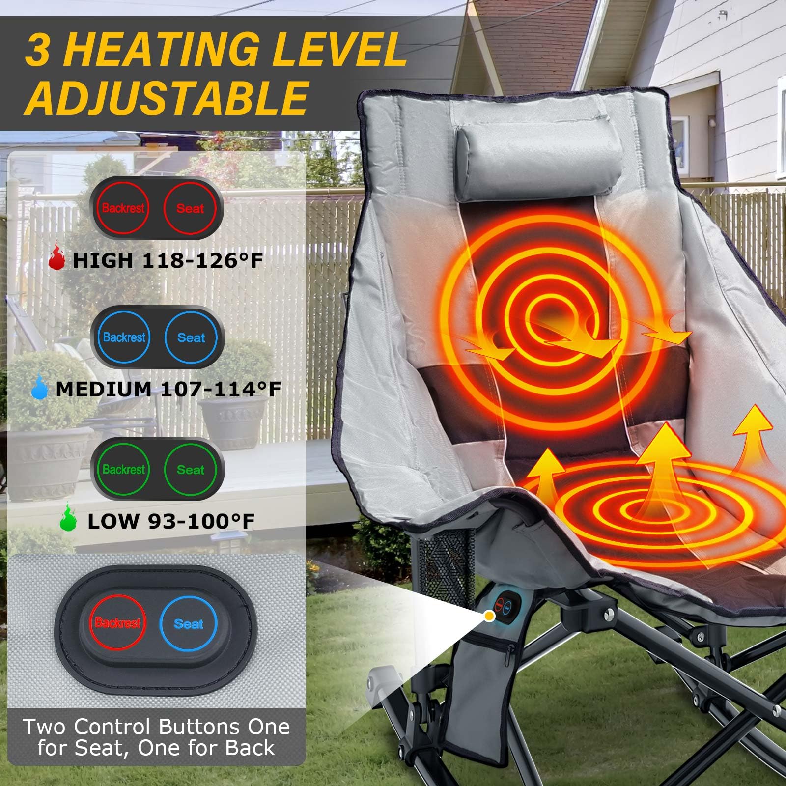 **XL Heated Camping Chair with 3-Level Adjustable Heating for Back & Seat - Portable Outdoor Folding Rocking Chair, Heavy-Duty Lawn Chair for Camping, Hunting, Fishing & Backyard Relaxation**