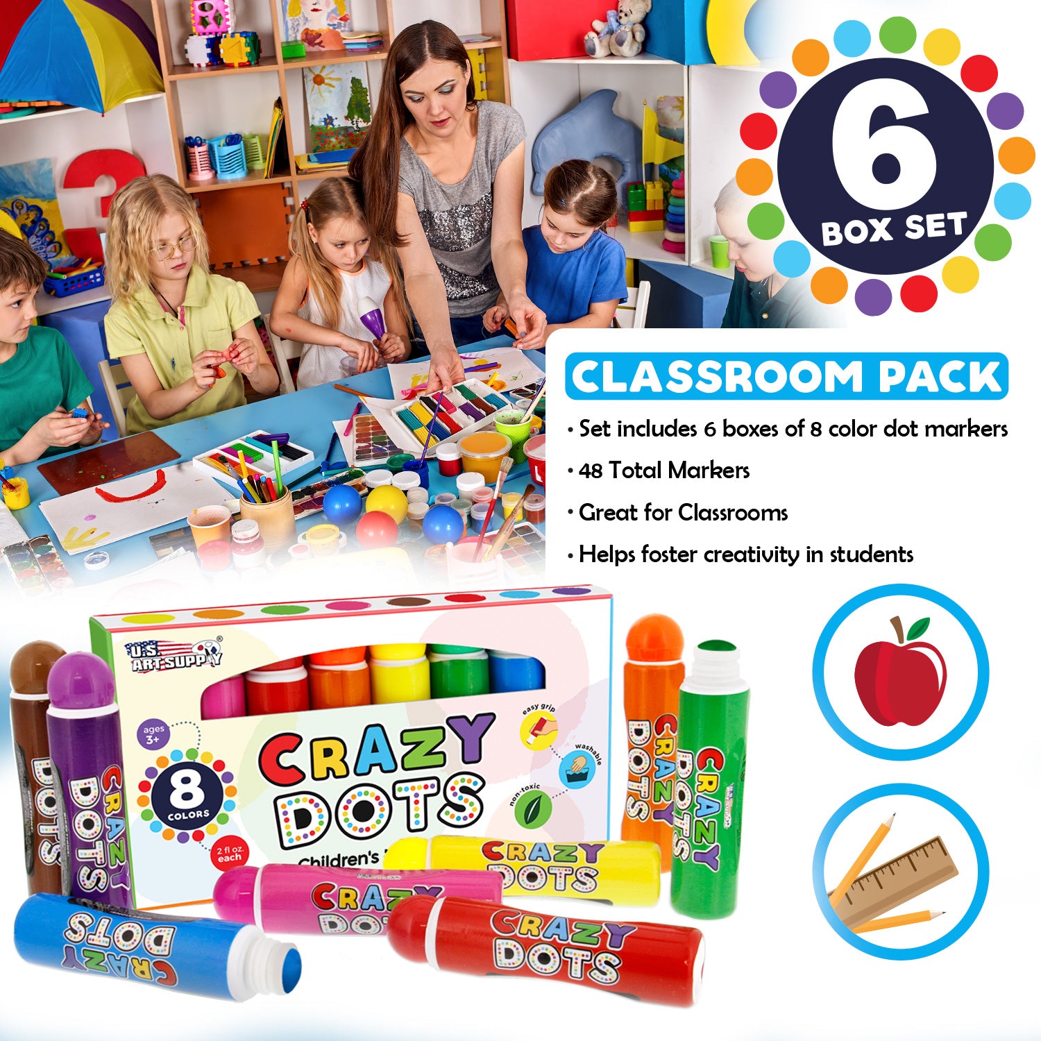 6 Pack of 8 Color Crazy Dots Markers - Washable Non-Toxic Paint Daubers for Kids with Easy Grip (48 Total) - Perfect for Art Projects, Classroom Activities & DIY Crafts
