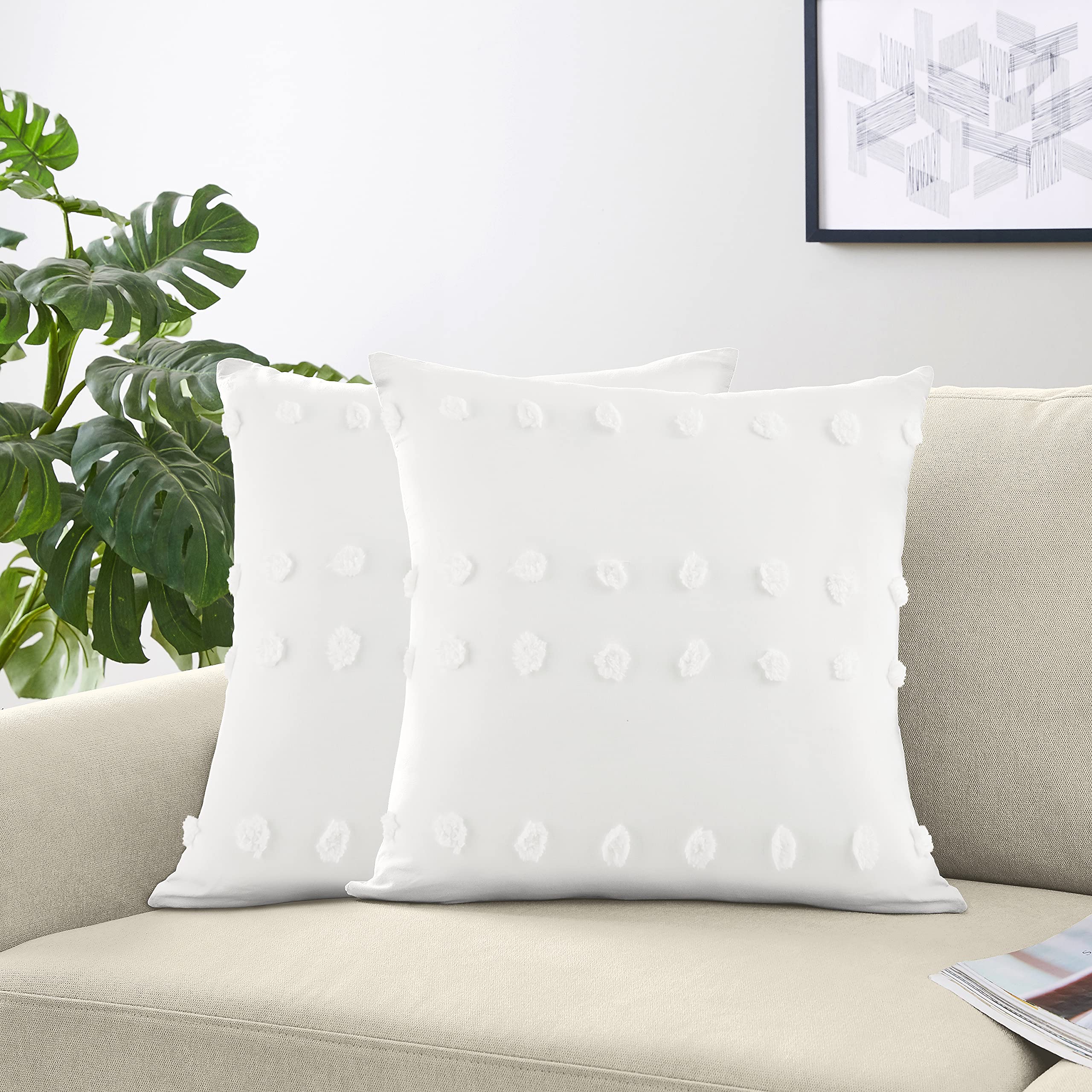 Bohemian Ivory Tufted Square Throw Pillow Covers Set of 2 - 18x18 Inch Shabby Chic Textured Decorative Pillow Cases for Couch, Bed & Living Room - Neutral Beige Polka Dot PomPom Accent Home Decor | Perfect for Boho Bedroom, Cozy Reading Nook & Farmhouse Living Room