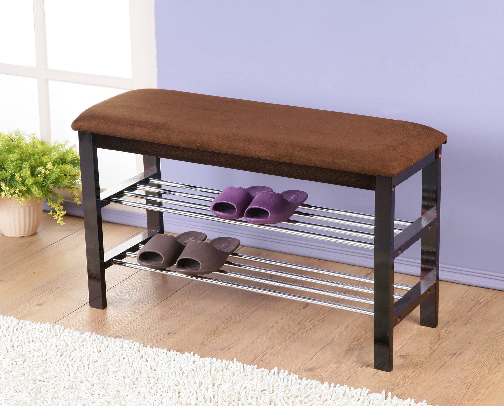 Roundhill Furniture Wood Shoe Bench with Chocolate Microfiber Seat - Black Entryway Shoe Storage Bench for Hallway, Bedroom & Mudroom Organization